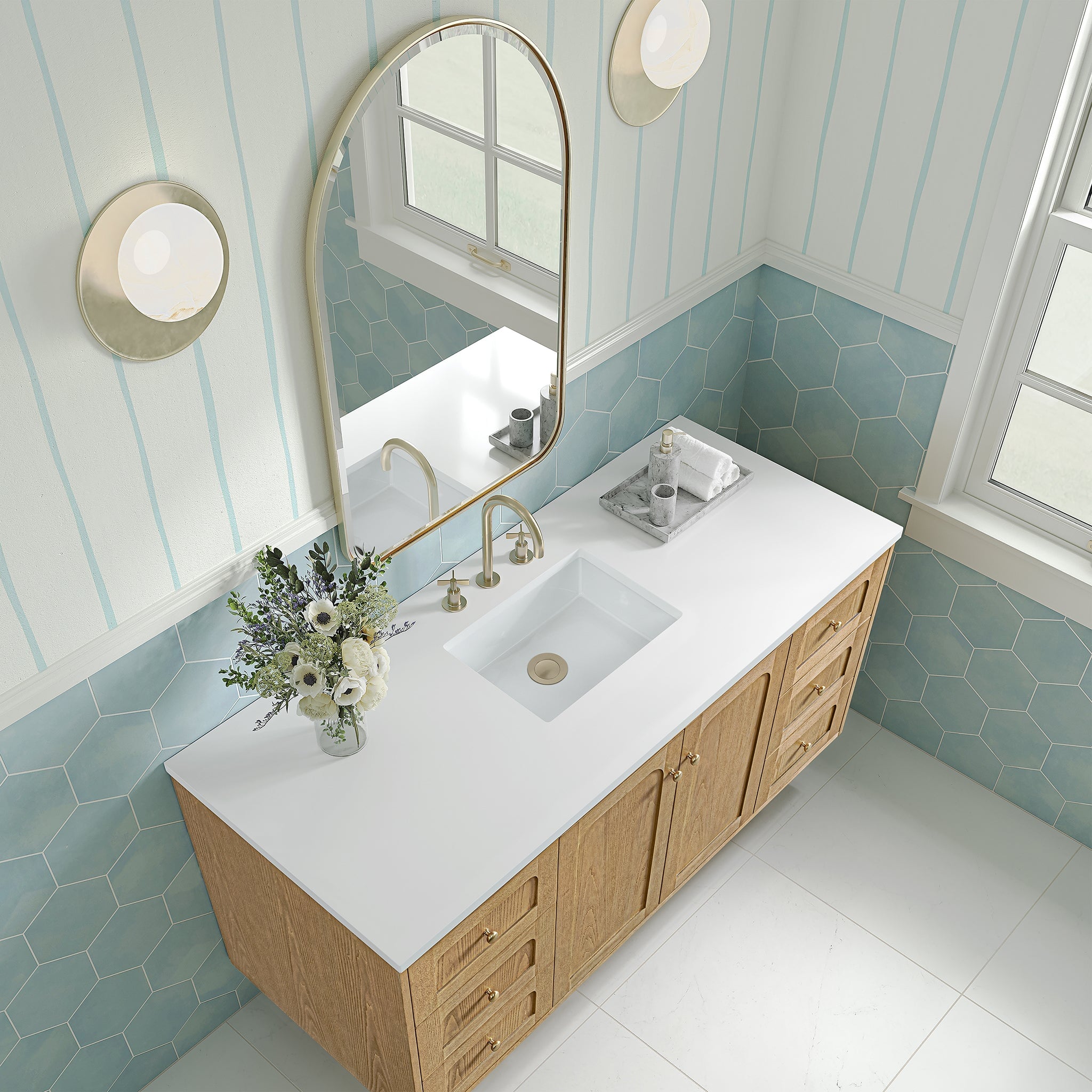 James Martin Laurent 60" Dual Mount Single Bathroom Vanity, Light Natural Oak with White Zeus countertop