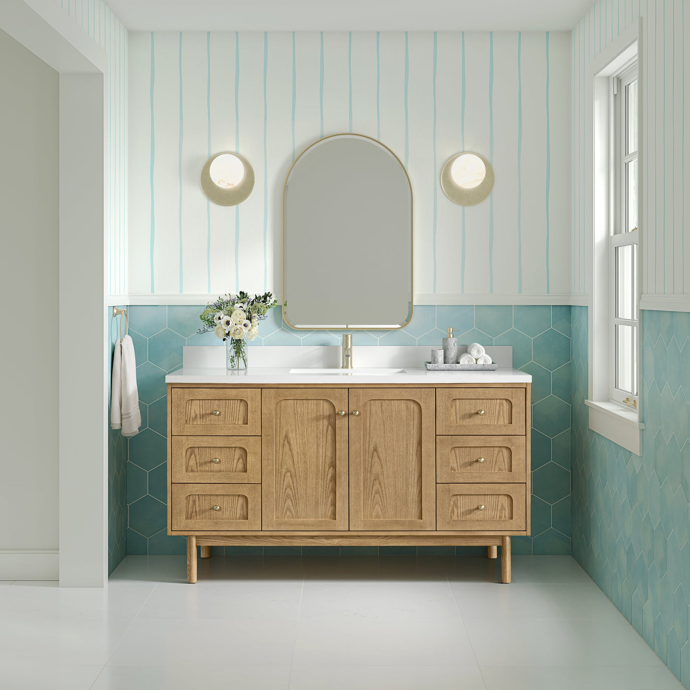 James Martin Laurent 60" Dual Mount Single Bathroom Vanity, Light Natural Oak with White Zeus (Single Hole, with Backsplash) countertop