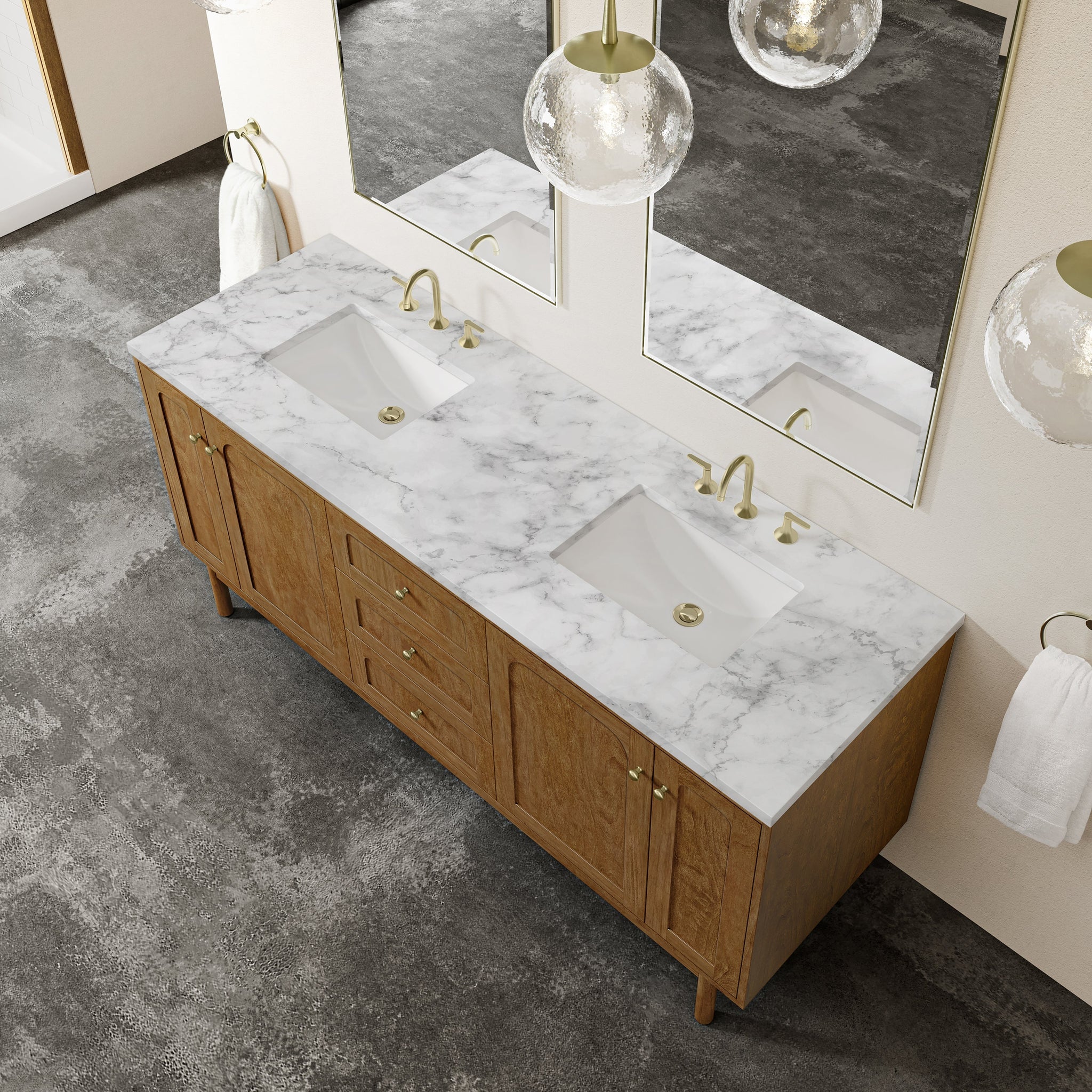 James Martin Laurent 72" Dual Mount Double Bathroom Vanity, Honey Oak with Carrara White countertop
