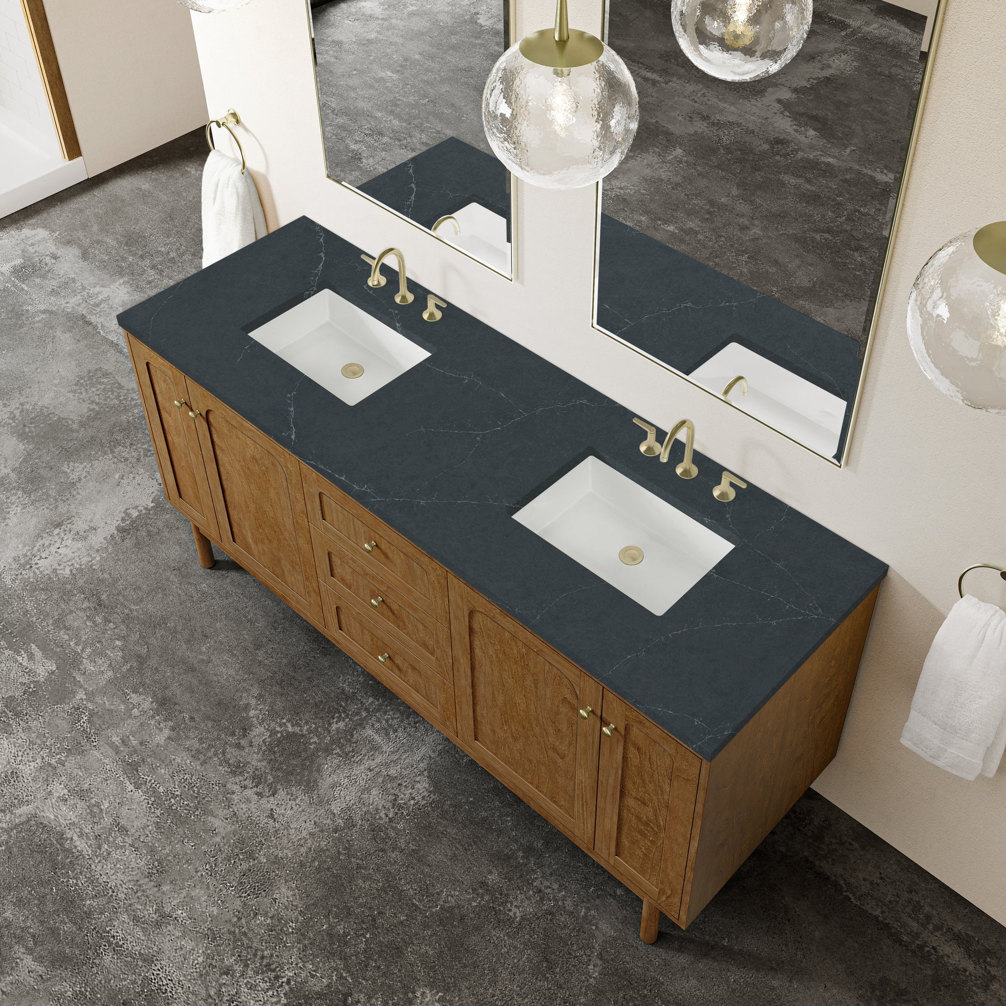 James Martin Laurent 72" Dual Mount Double Bathroom Vanity, Honey Oak with Charcoal Soapstone countertop