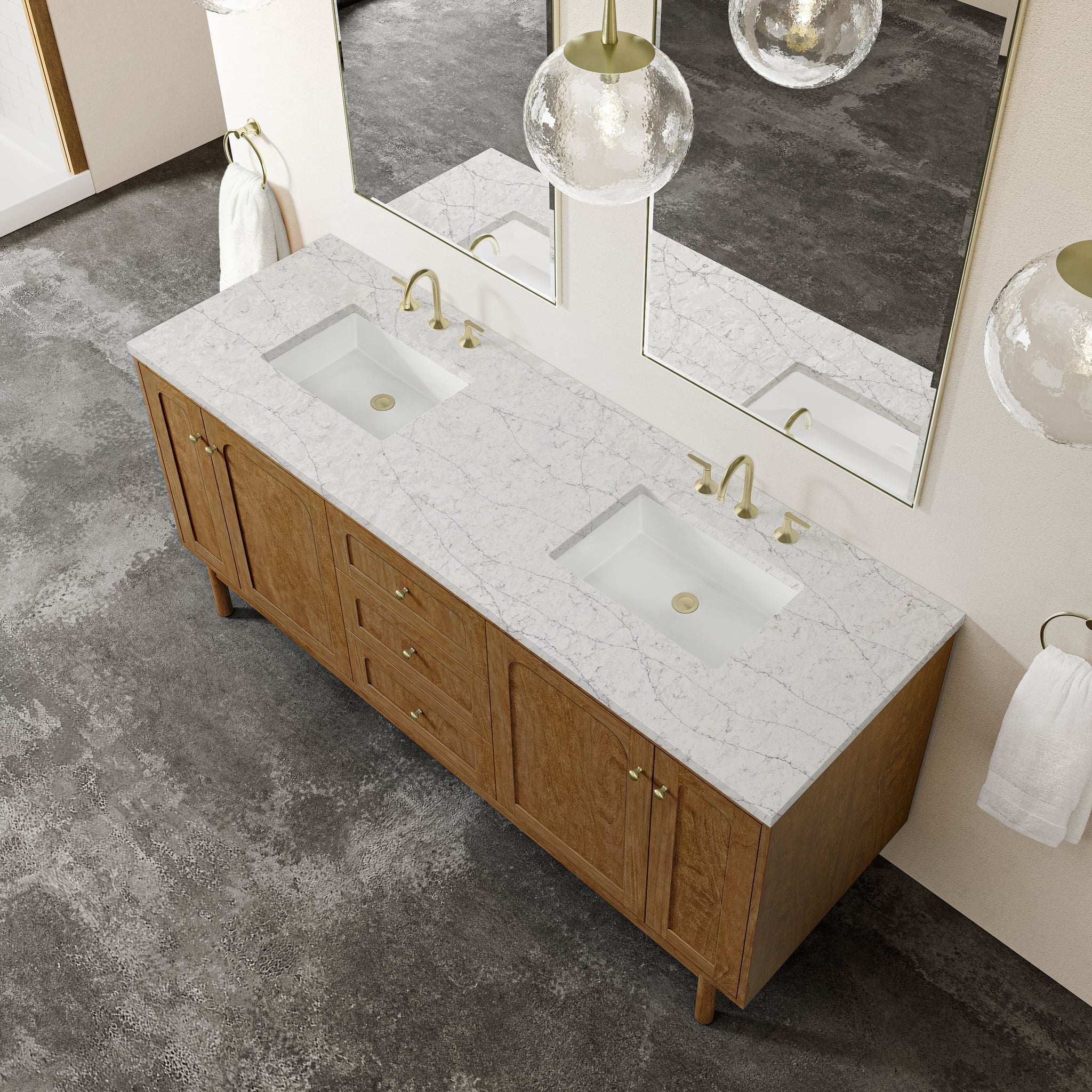James Martin Laurent 72" Dual Mount Double Bathroom Vanity, Honey Oak with Eternal Jasmine Pearl countertop