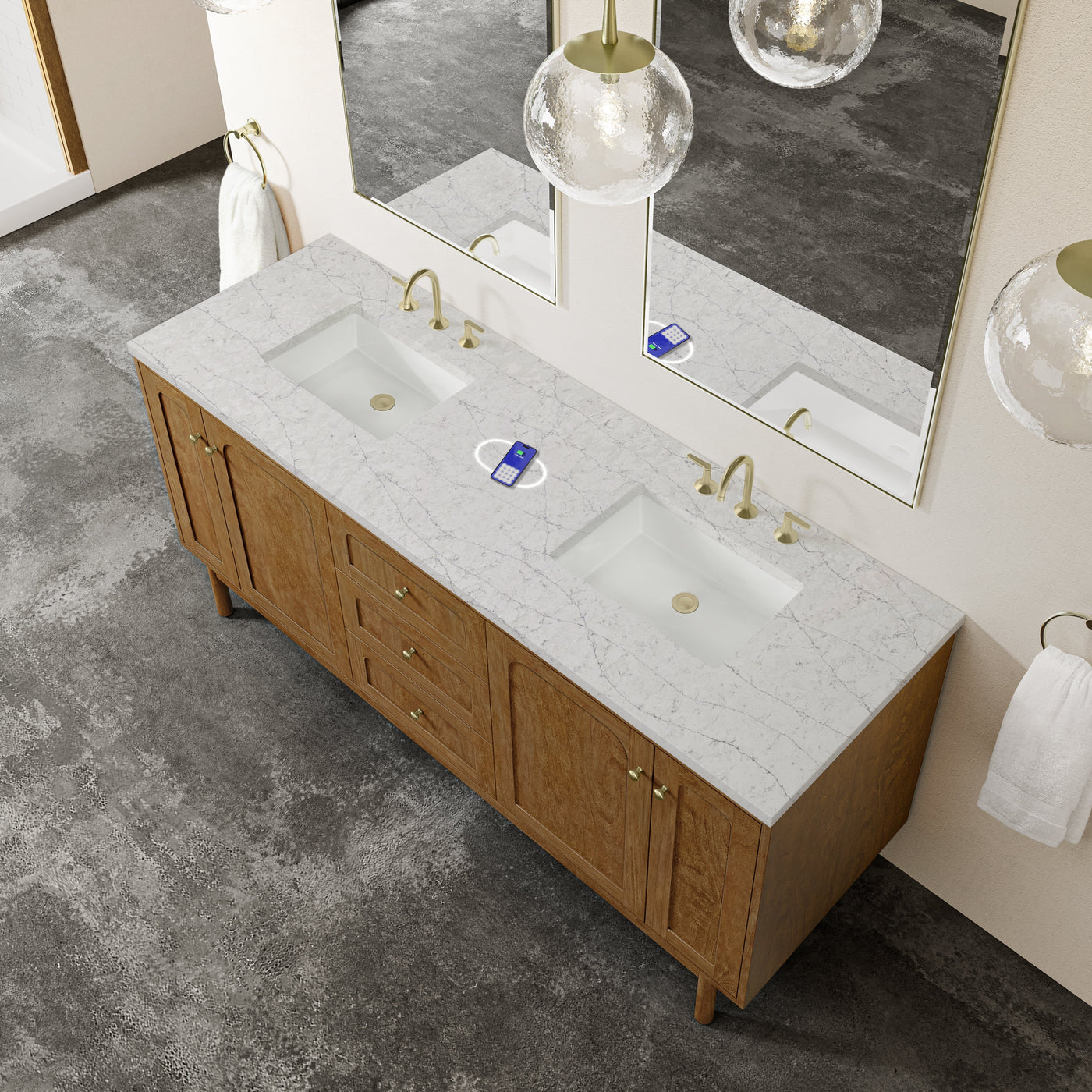 James Martin Laurent 72" Dual Mount Double Bathroom Vanity, Honey Oak with Eternal Jasmine Pearl (FreePower) countertop