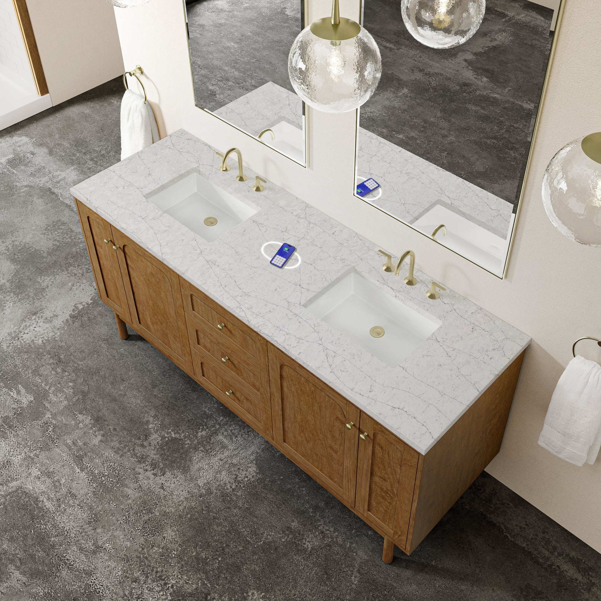 James Martin Laurent 72" Dual Mount Double Bathroom Vanity, Honey Oak with Eternal Jasmine Pearl (FreePower) countertop