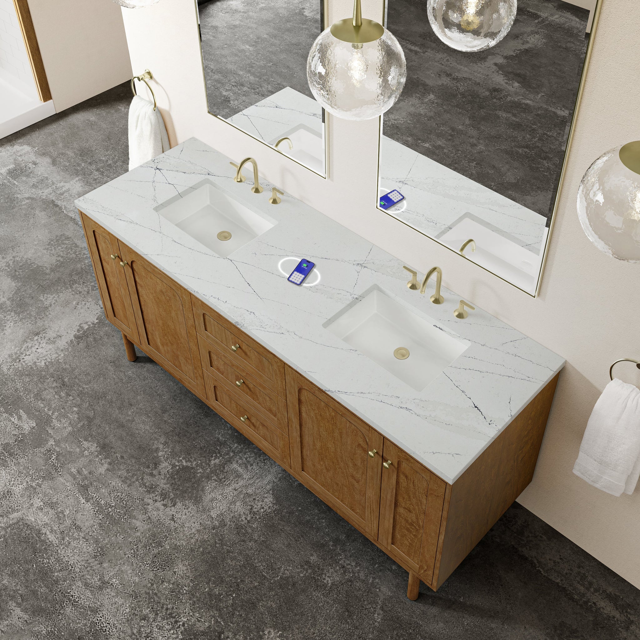James Martin Laurent 72" Dual Mount Double Bathroom Vanity, Honey Oak with Ethereal Noctis (FreePower) countertop