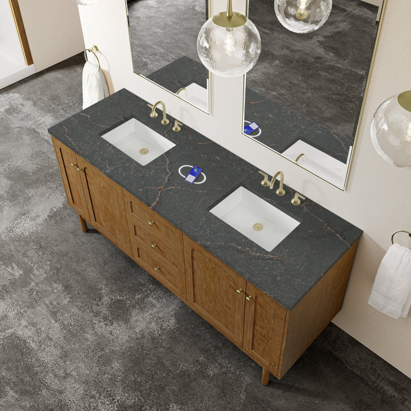James Martin Laurent 72" Dual Mount Double Bathroom Vanity, Honey Oak with Parisien Bleu (FreePower) countertop