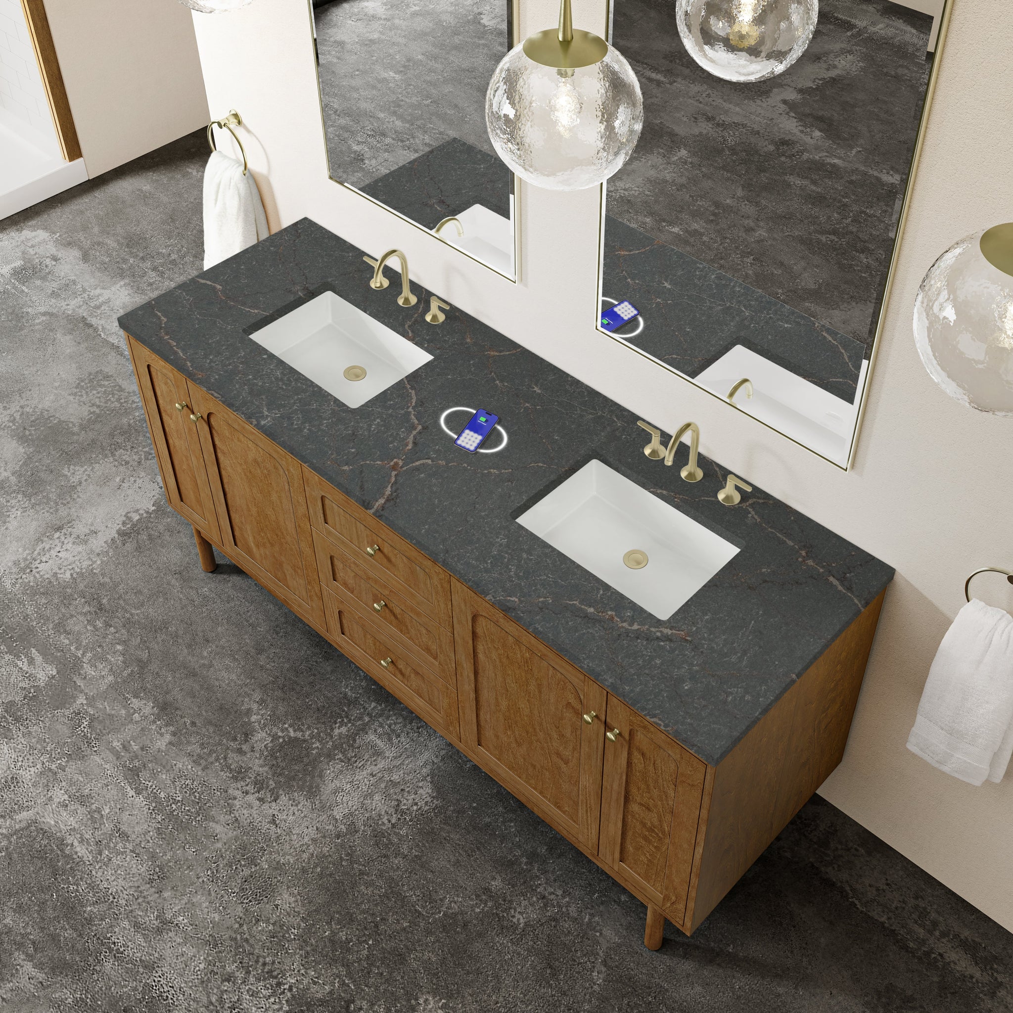 James Martin Laurent 72" Dual Mount Double Bathroom Vanity, Honey Oak with Parisien Bleu (FreePower) countertop