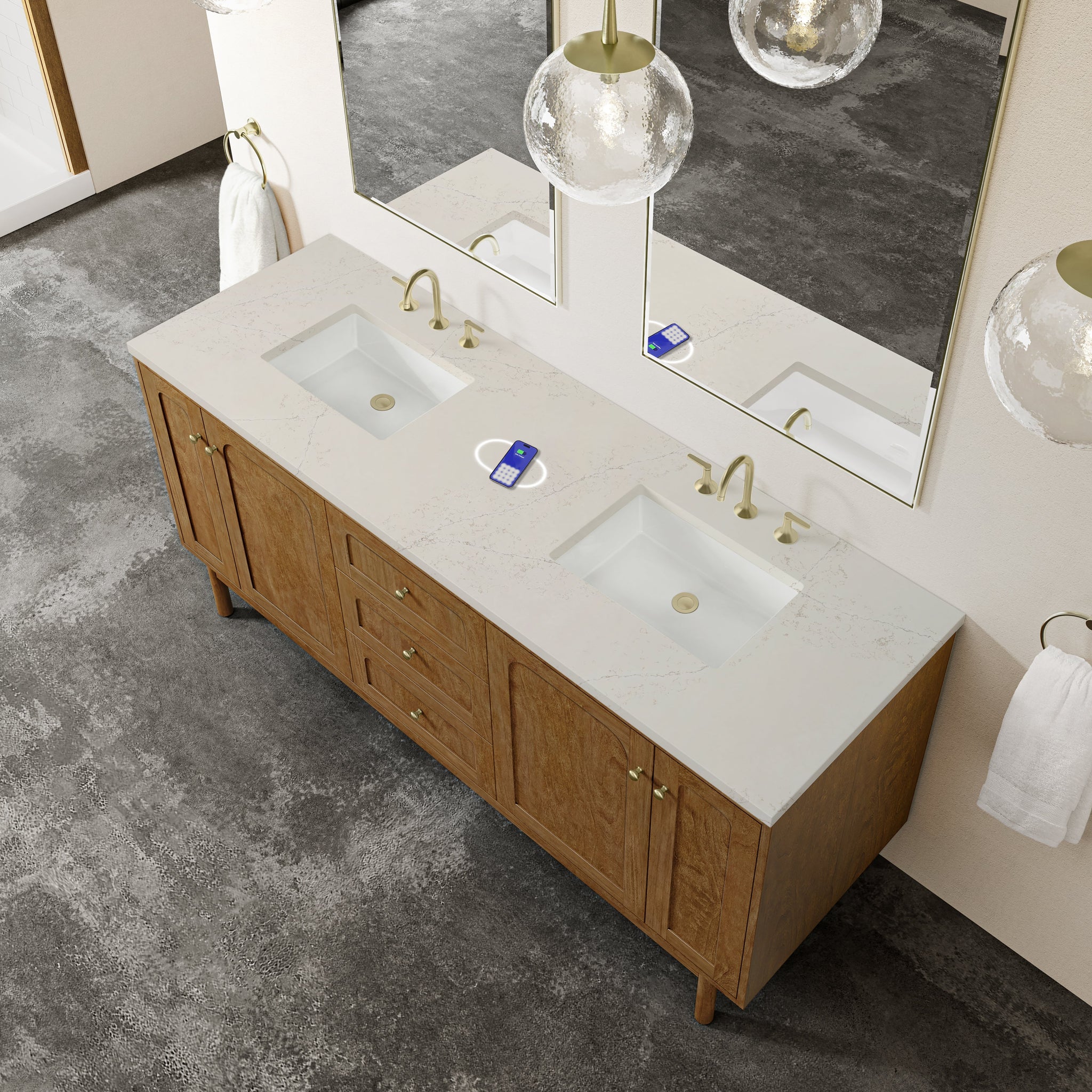 James Martin Laurent 72" Dual Mount Double Bathroom Vanity, Honey Oak with Siberian (FreePower) countertop