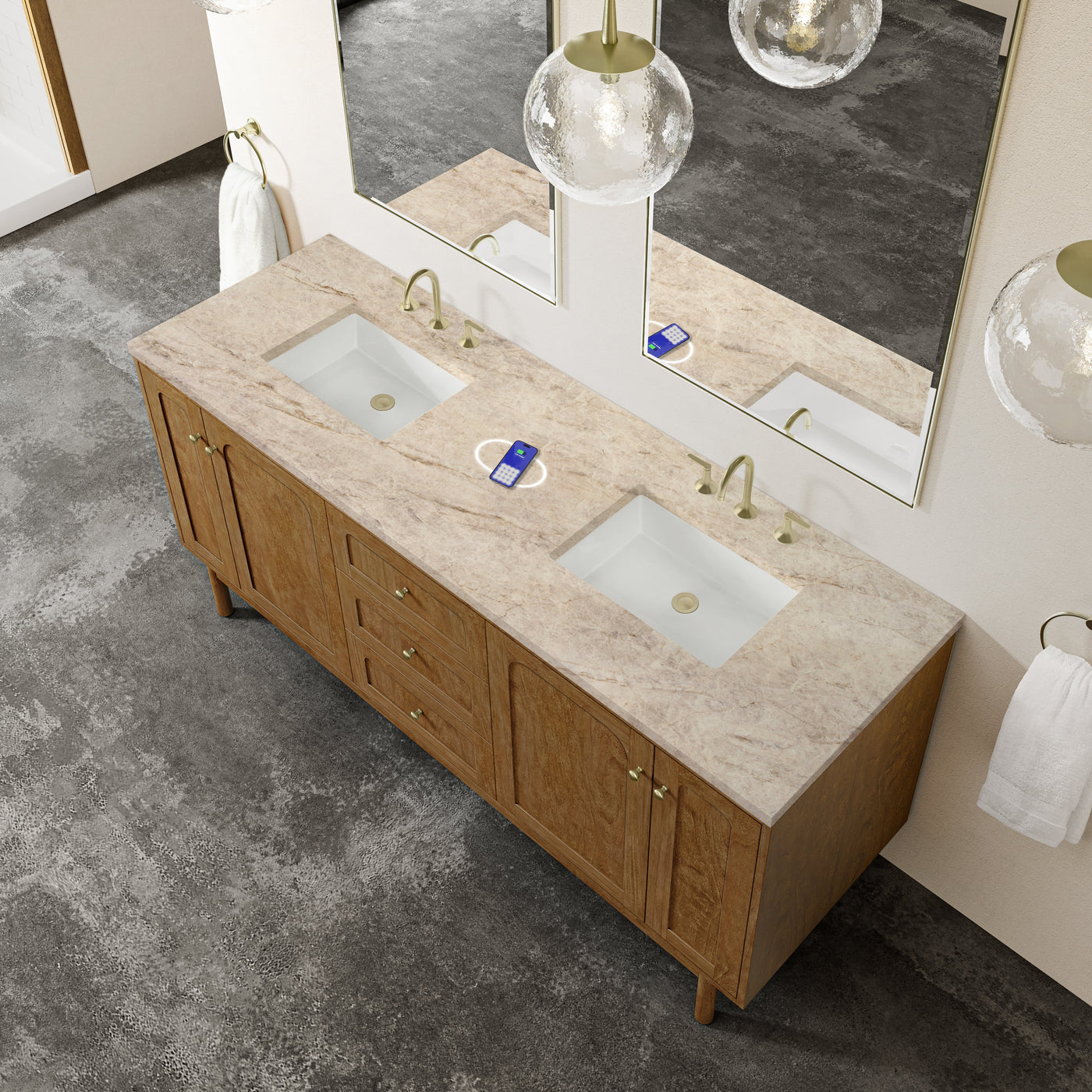 James Martin Laurent 72" Dual Mount Double Bathroom Vanity, Honey Oak with Tajnar (FreePower) countertop