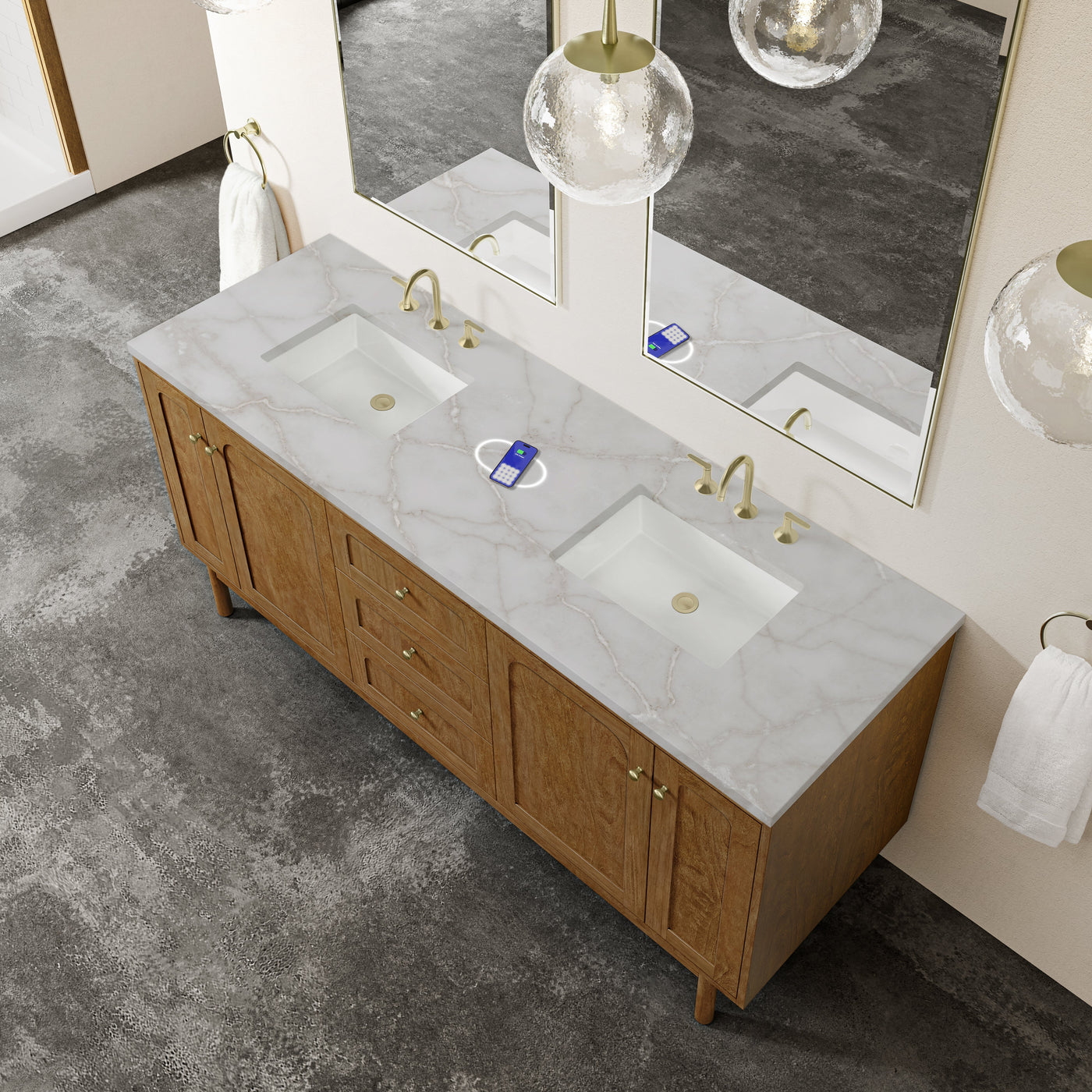 James Martin Laurent 72" Dual Mount Double Bathroom Vanity, Honey Oak with Victorian Silver (FreePower) countertop