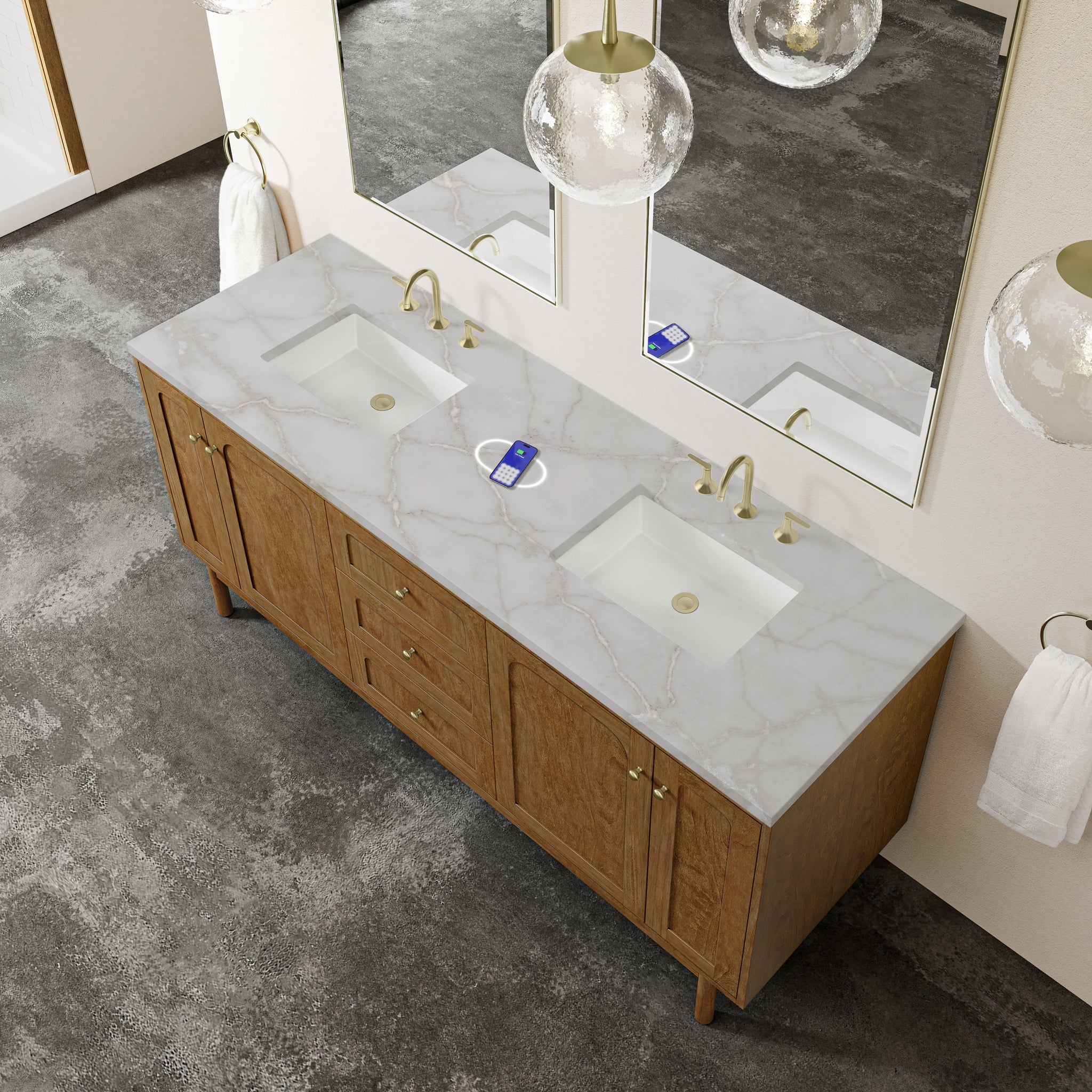 James Martin Laurent 72" Dual Mount Double Bathroom Vanity, Honey Oak with Victorian Silver (FreePower) countertop