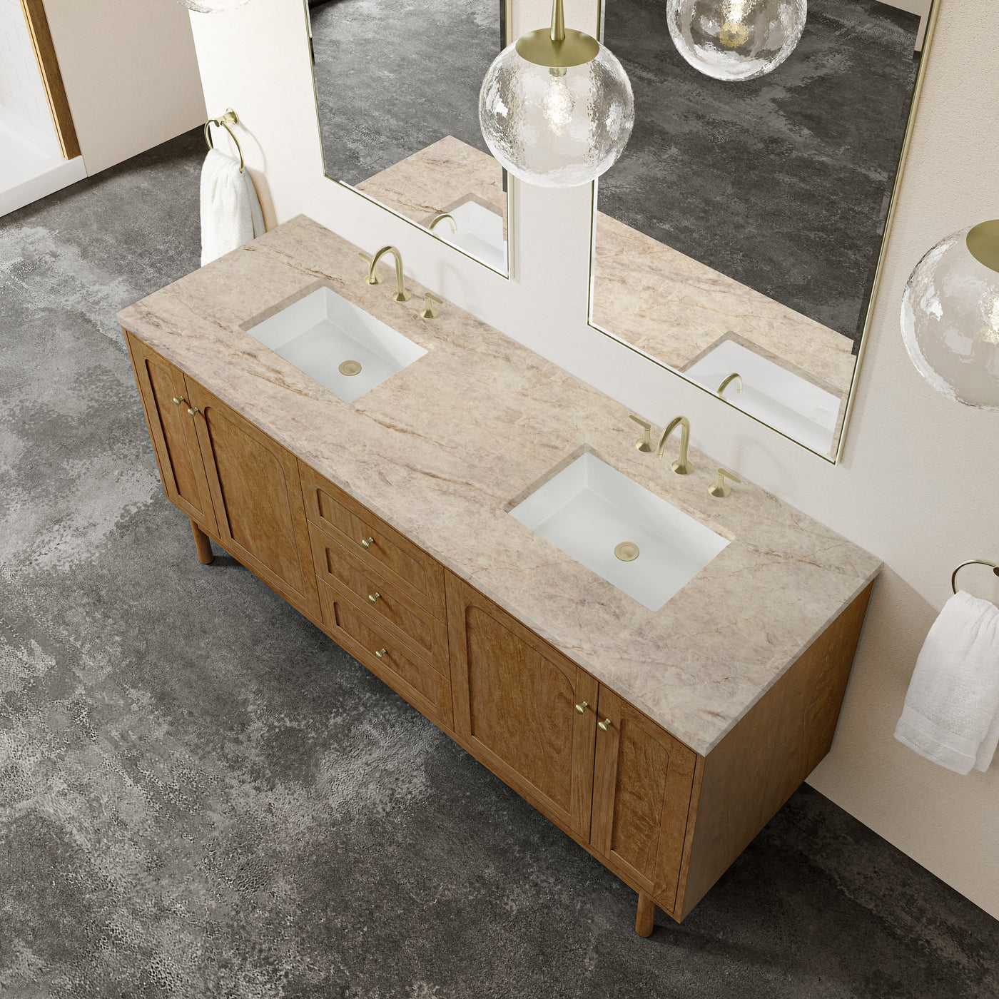 James Martin Laurent 72" Dual Mount Double Bathroom Vanity, Honey Oak with Tajnar countertop