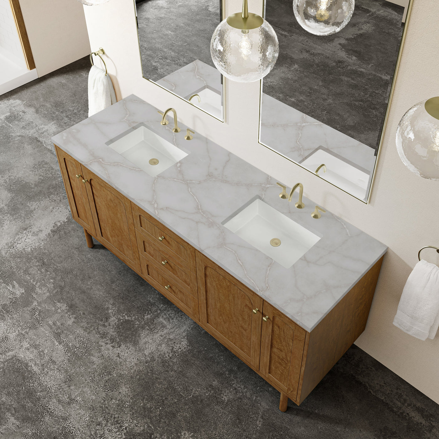 James Martin Laurent 72" Dual Mount Double Bathroom Vanity, Honey Oak with Victorian Silver countertop