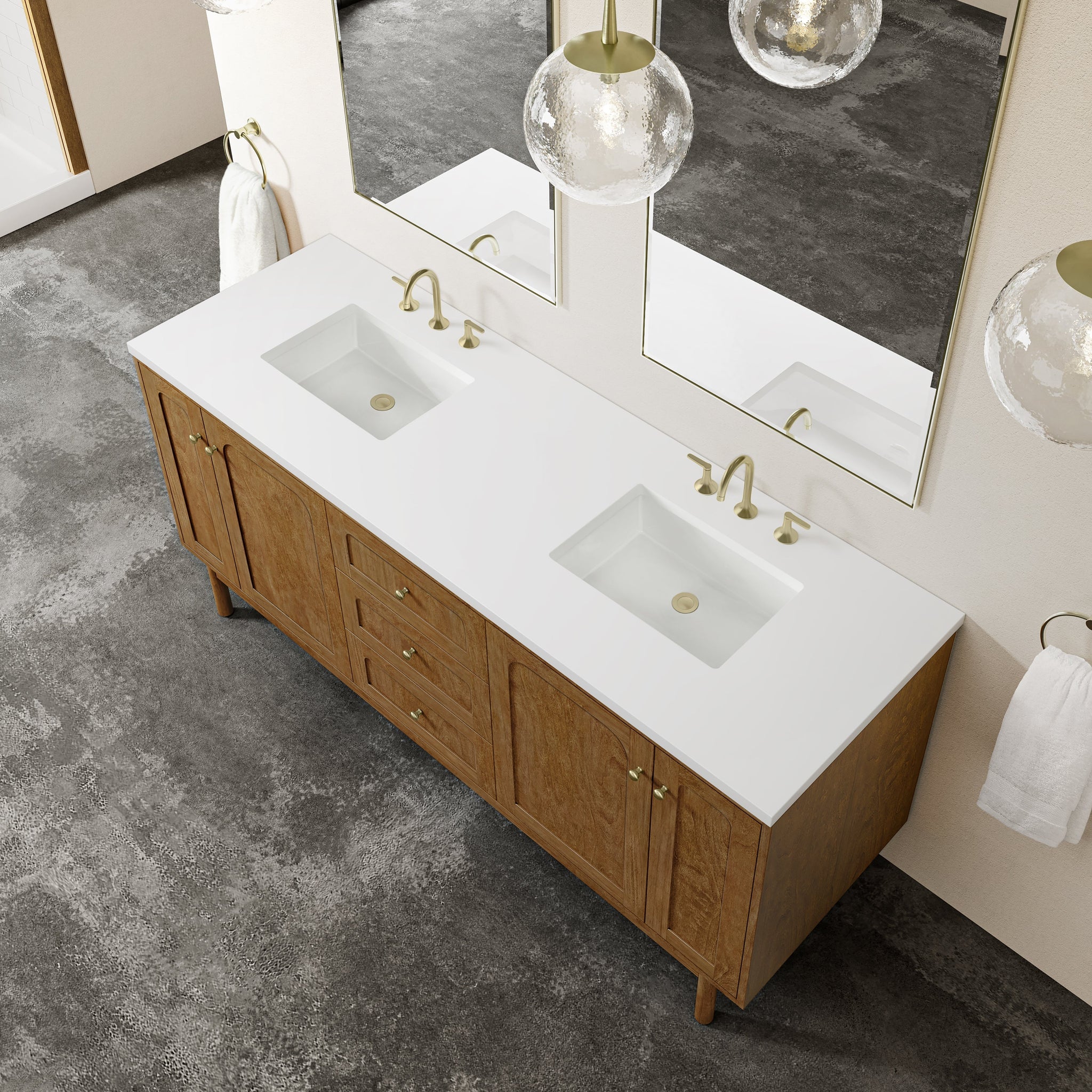 James Martin Laurent 72" Dual Mount Double Bathroom Vanity, Honey Oak with White Zeus countertop
