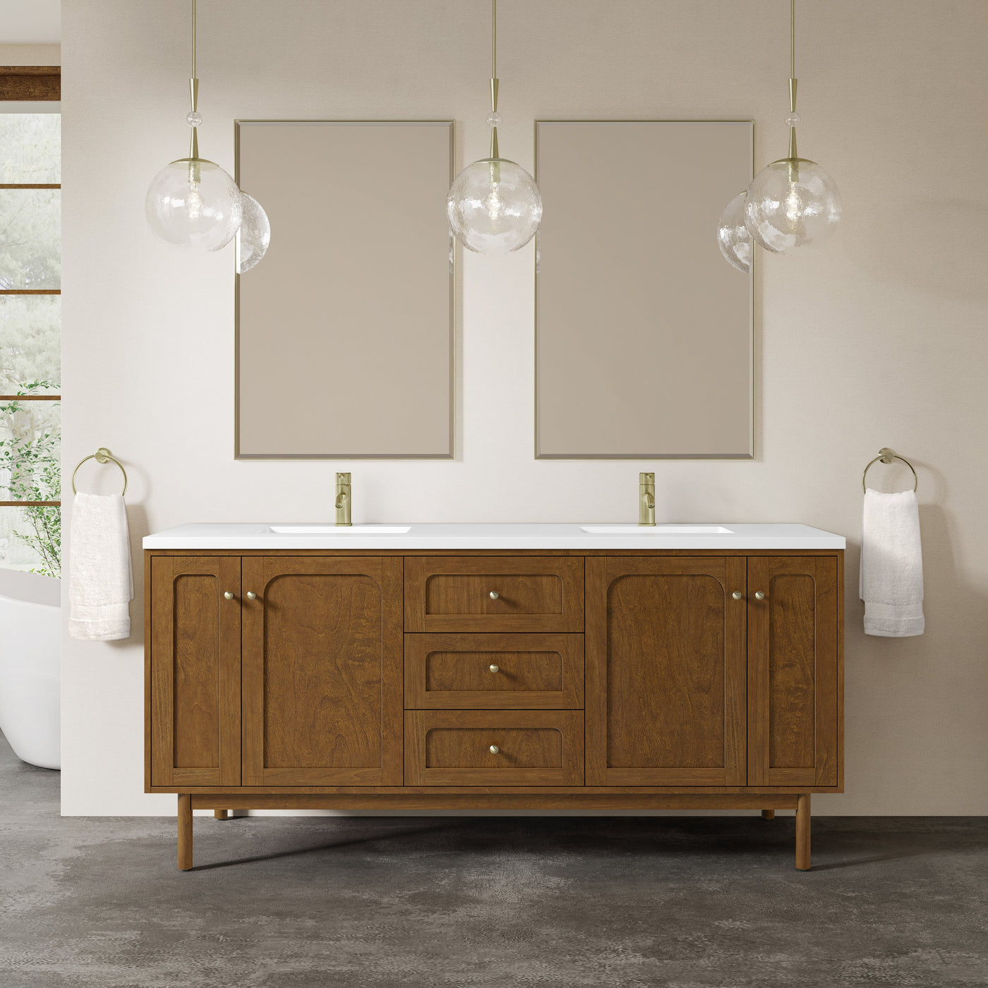 James Martin Laurent 72" Dual Mount Double Bathroom Vanity, Honey Oak with White Zeus (Single Hole) countertop