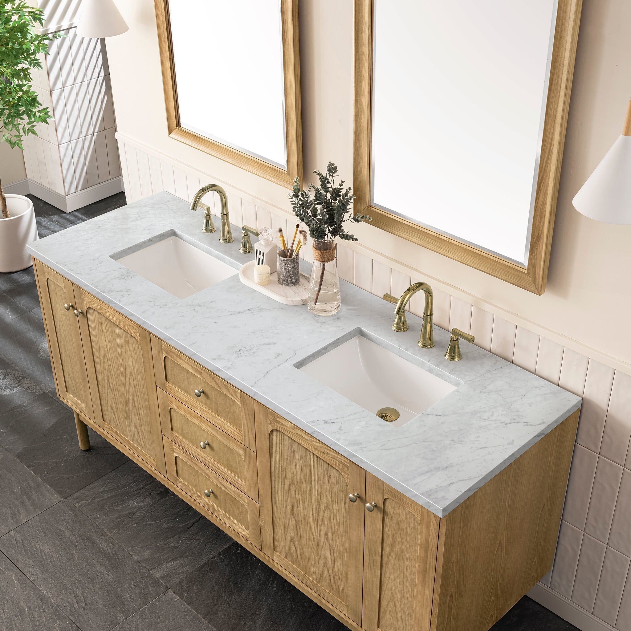 James Martin Laurent 72" Dual Mount Double Bathroom Vanity, Light Natural Oak with Carrara White countertop
