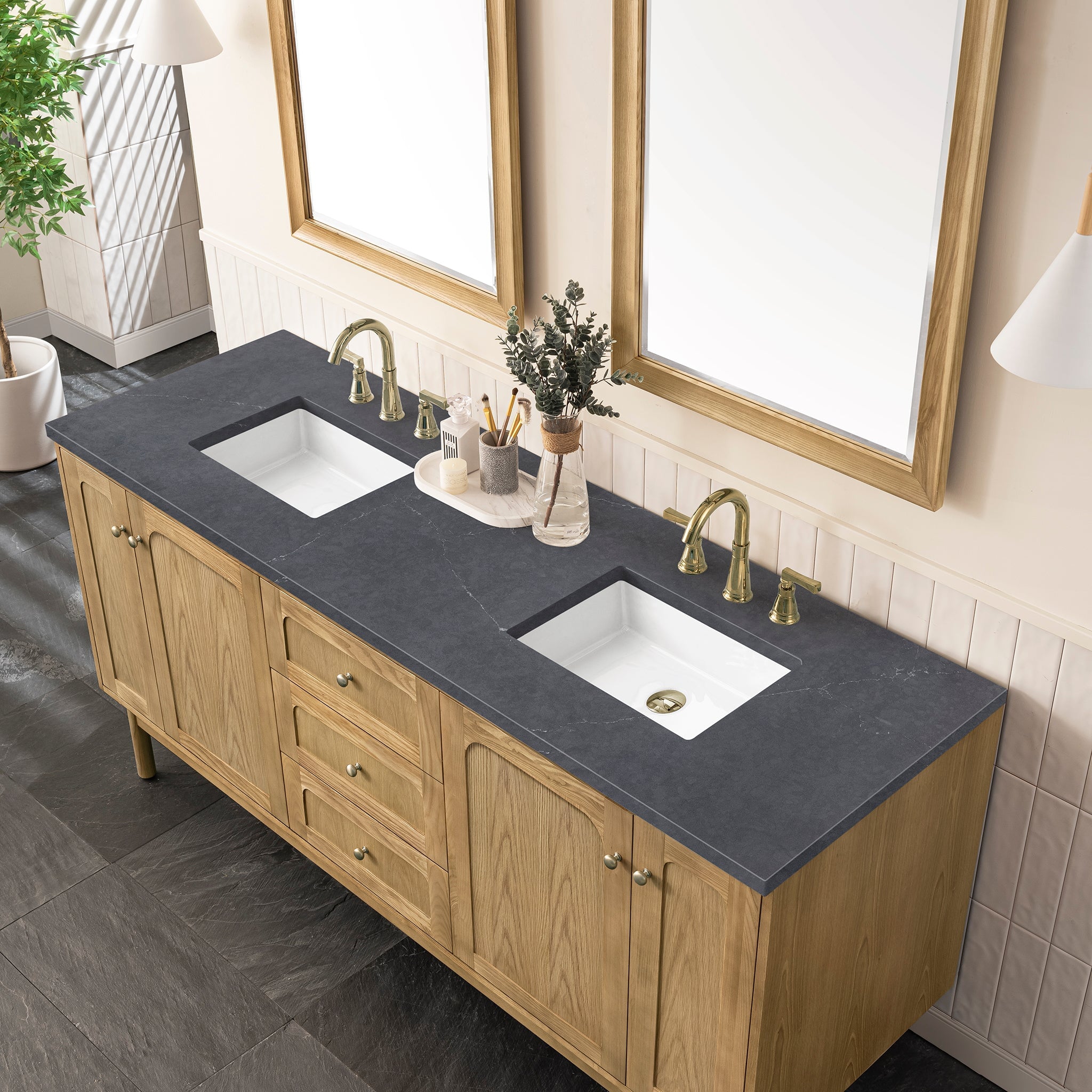 James Martin Laurent 72" Dual Mount Double Bathroom Vanity, Light Natural Oak with Charcoal Soapstone countertop
