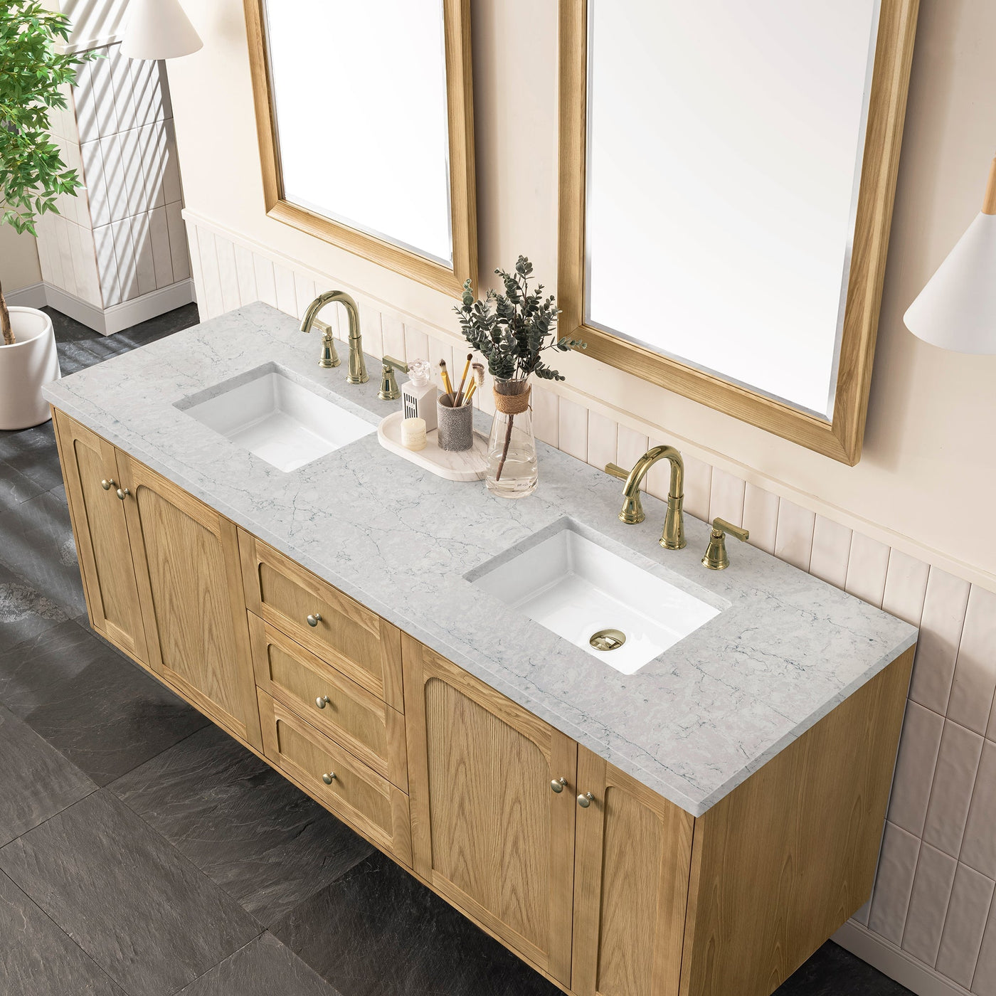 James Martin Laurent 72" Dual Mount Double Bathroom Vanity, Light Natural Oak with Eternal Jasmine Pearl countertop