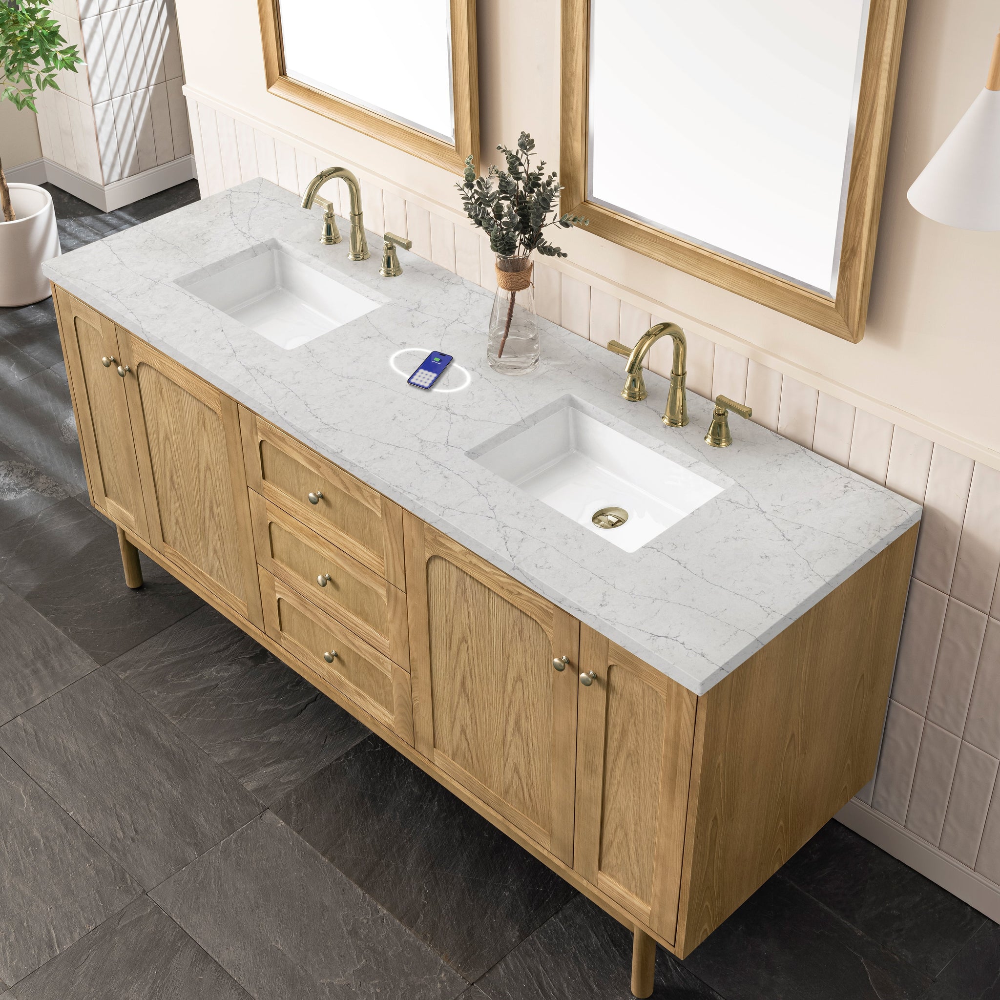 James Martin Laurent 72" Dual Mount Double Bathroom Vanity, Light Natural Oak with Eternal Jasmine Pearl (FreePower) countertop
