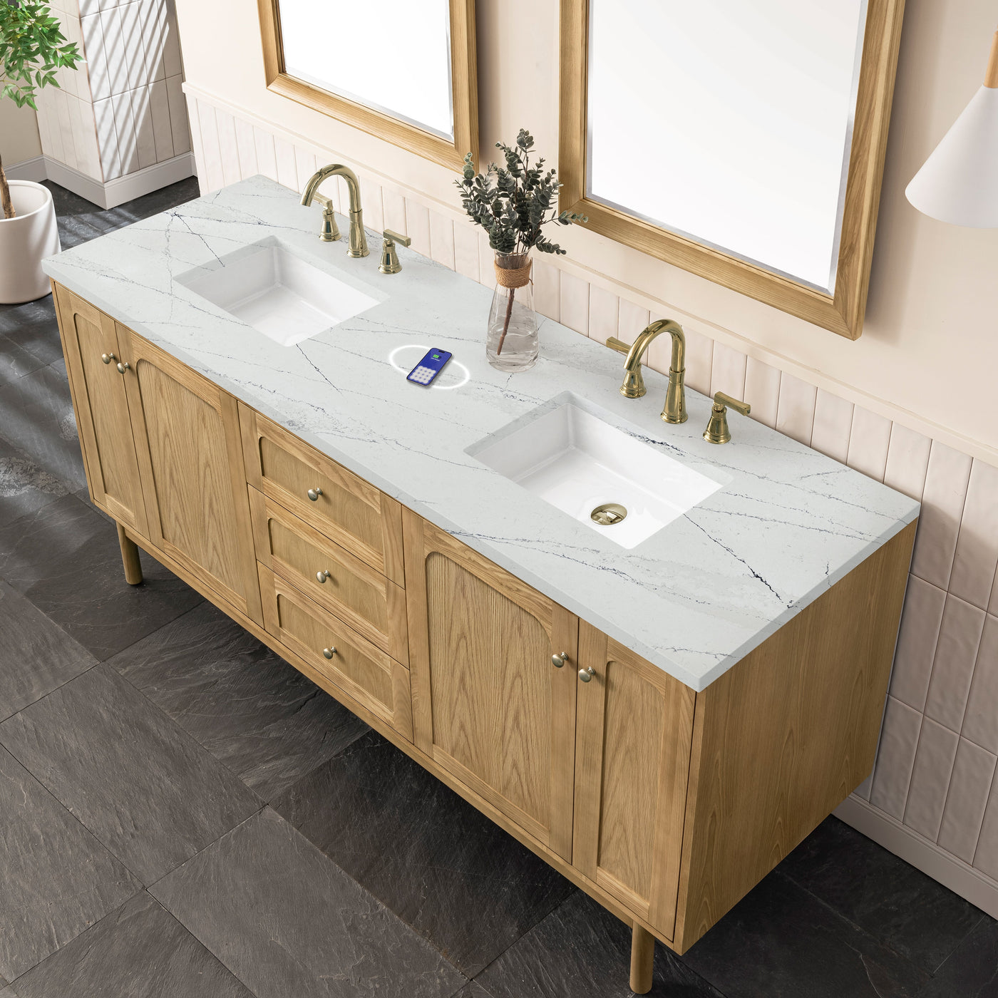 James Martin Laurent 72" Dual Mount Double Bathroom Vanity, Light Natural Oak with Ethereal Noctis (FreePower) countertop