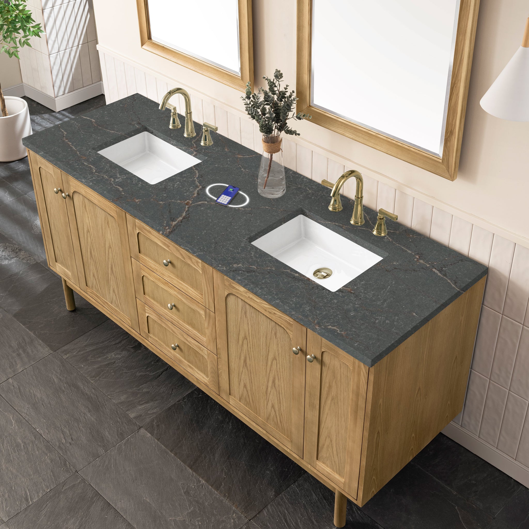 James Martin Laurent 72" Dual Mount Double Bathroom Vanity, Light Natural Oak with Parisien Bleu (FreePower) countertop