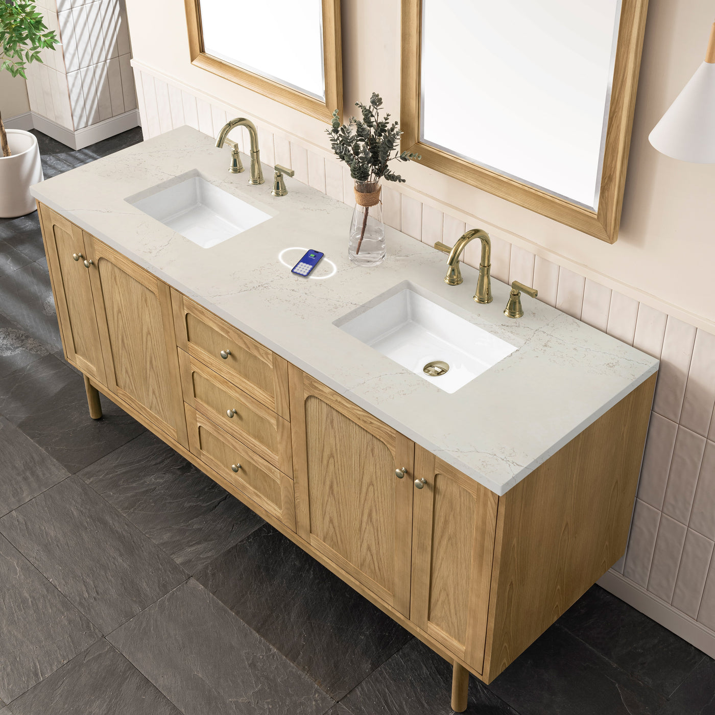 James Martin Laurent 72" Dual Mount Double Bathroom Vanity, Light Natural Oak with Siberian (FreePower) countertop
