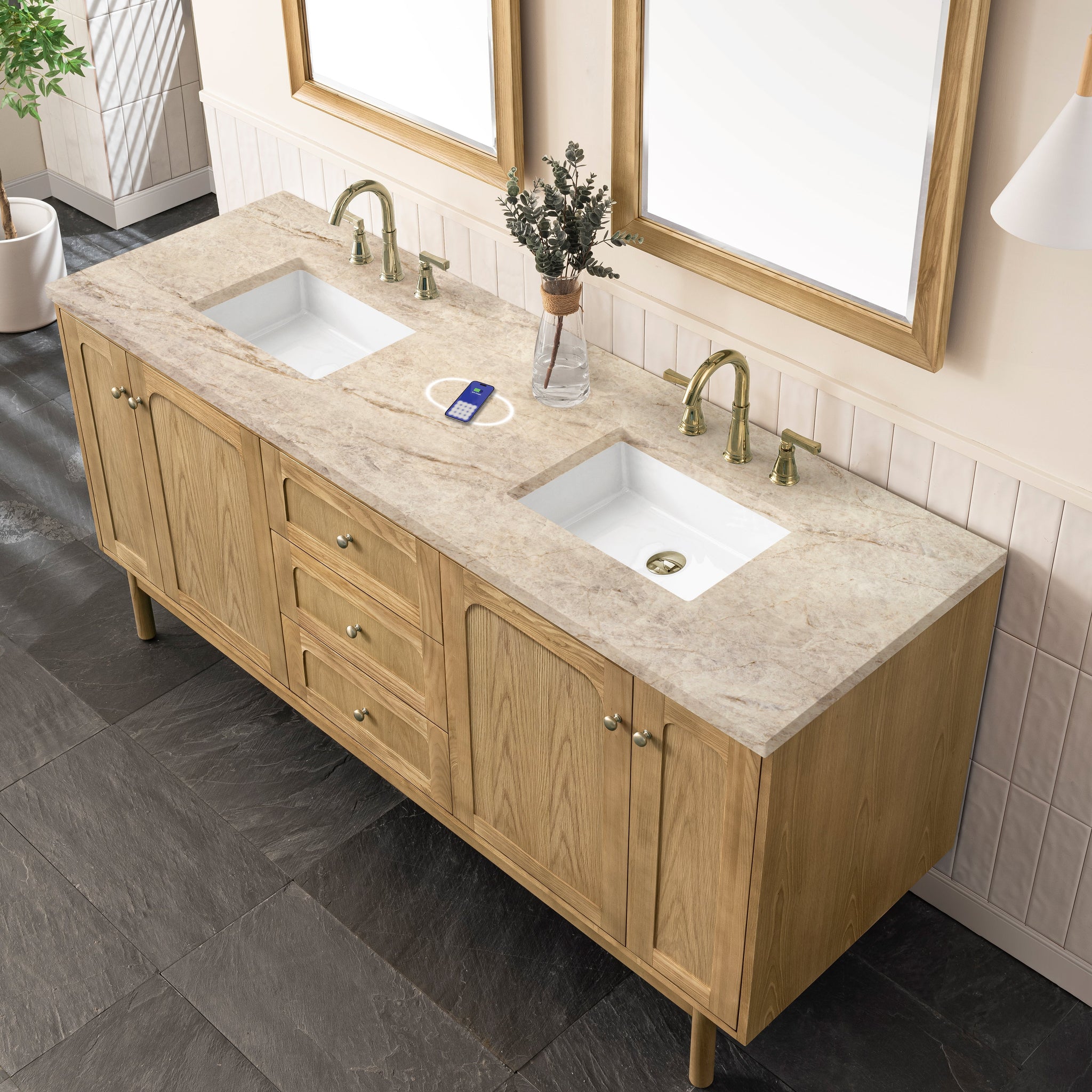 James Martin Laurent 72" Dual Mount Double Bathroom Vanity, Light Natural Oak with Tajnar (FreePower) countertop