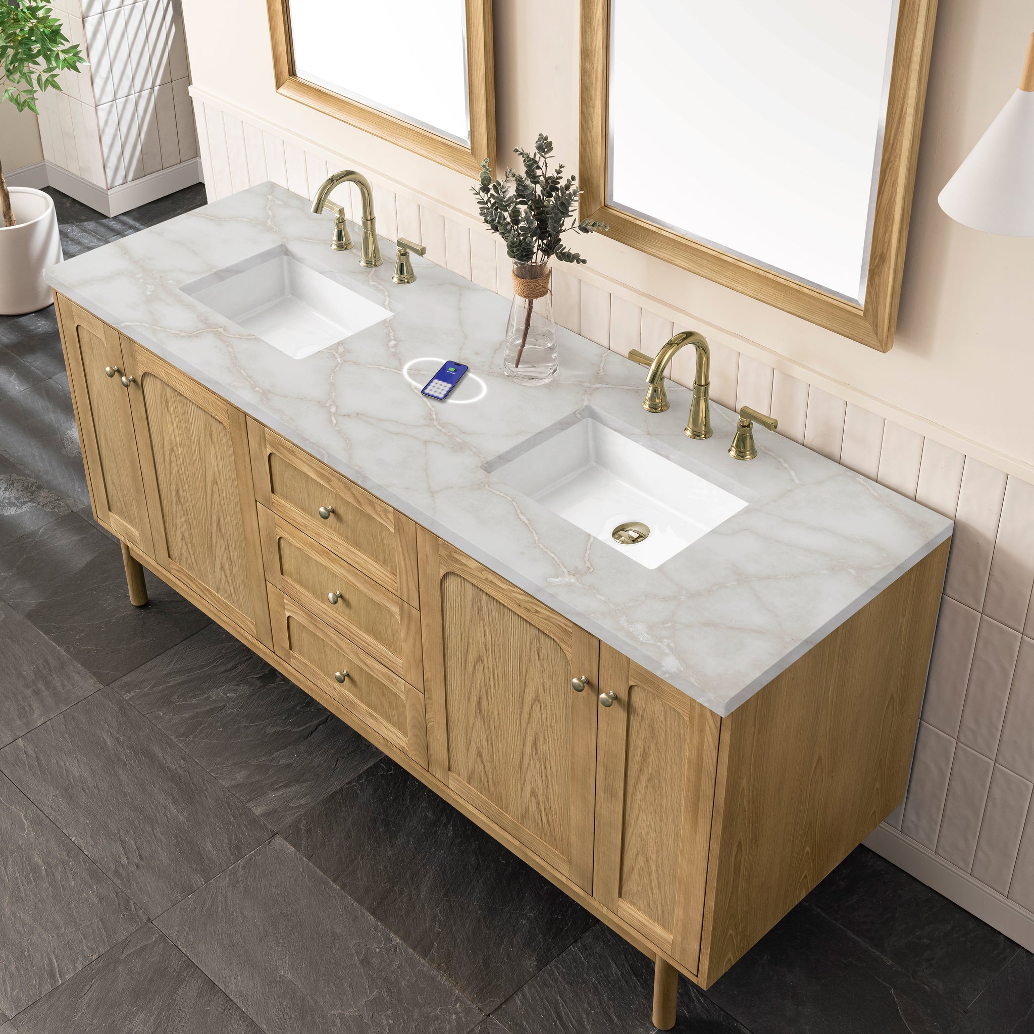 James Martin Laurent 72" Dual Mount Double Bathroom Vanity, Light Natural Oak with Victorian Silver (FreePower) countertop