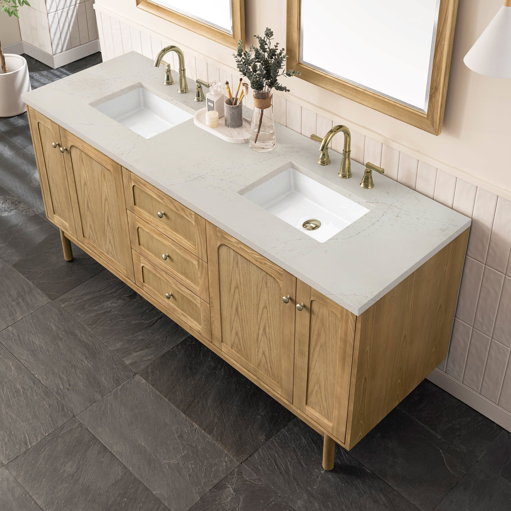 James Martin Laurent 72" Dual Mount Double Bathroom Vanity, Light Natural Oak with Siberian countertop