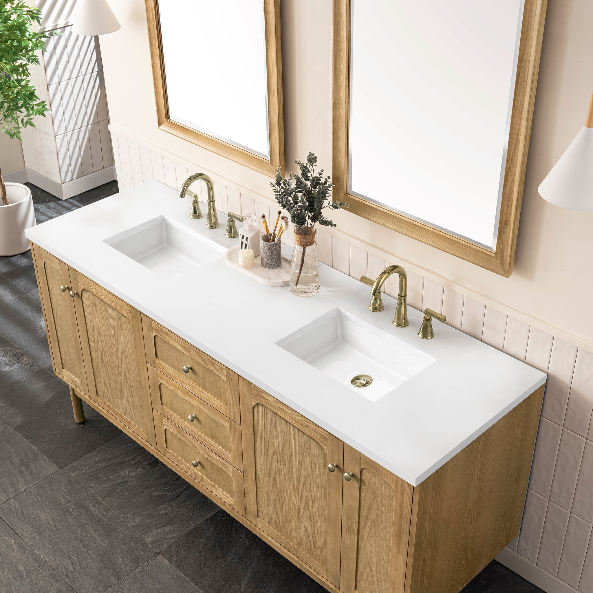 James Martin Laurent 72" Dual Mount Double Bathroom Vanity, Light Natural Oak with White Zeus countertop