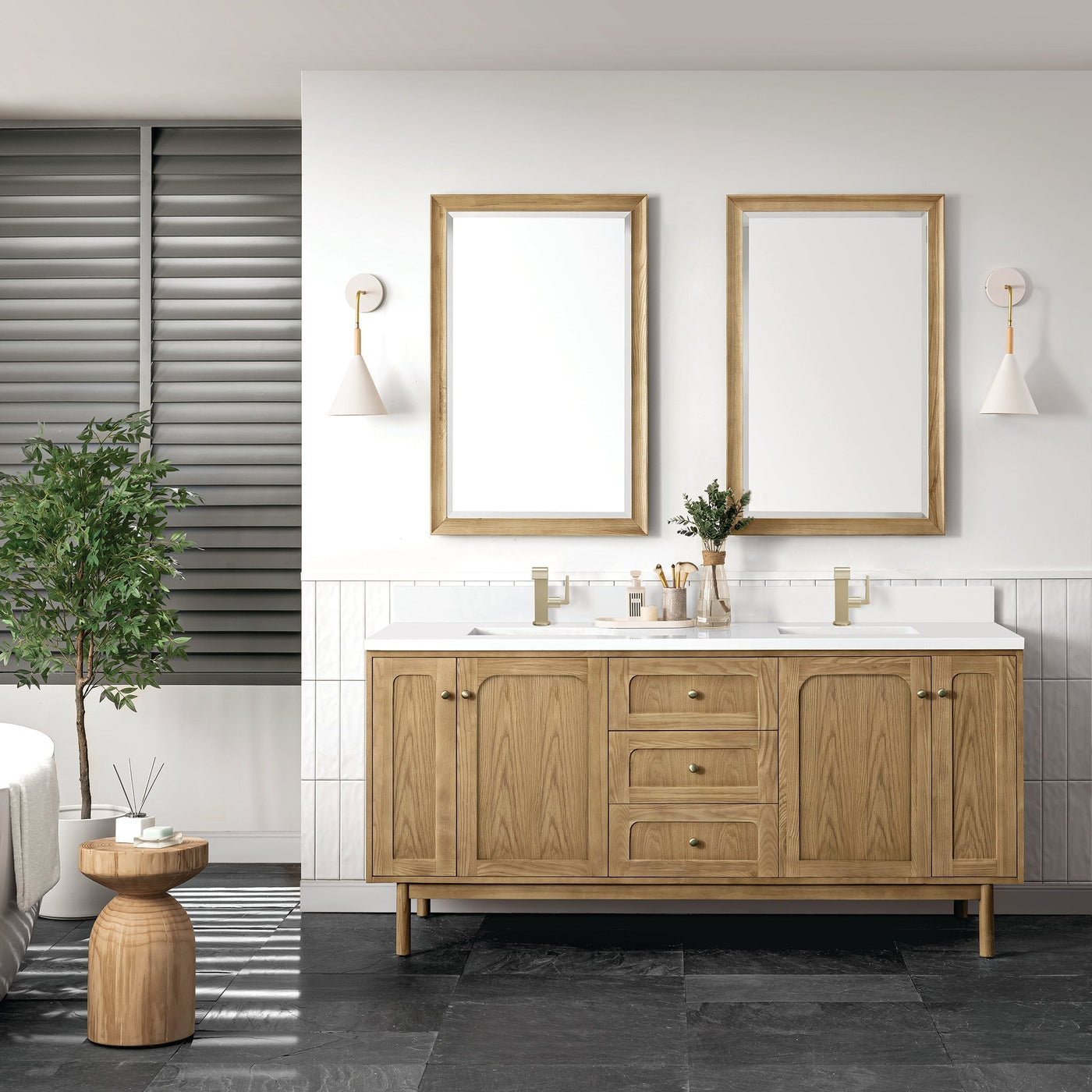 James Martin Laurent 72" Dual Mount Double Bathroom Vanity, Light Natural Oak with White Zeus (Single Hole, with Backsplash) countertop
