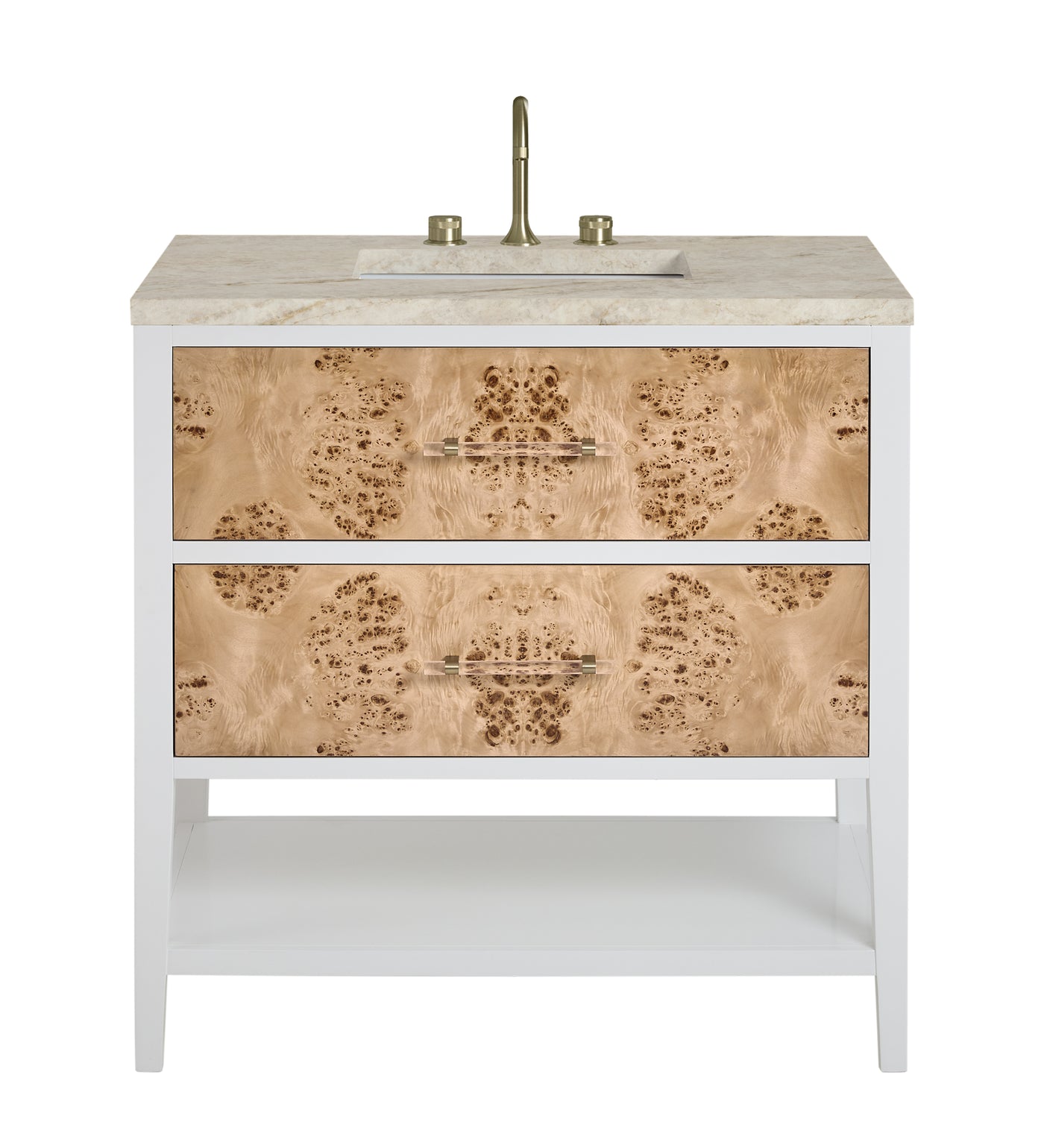 James Martin Olena 36" Single Bathroom Vanity, Polished White and Light Mappa Burl with Tajnar countertop