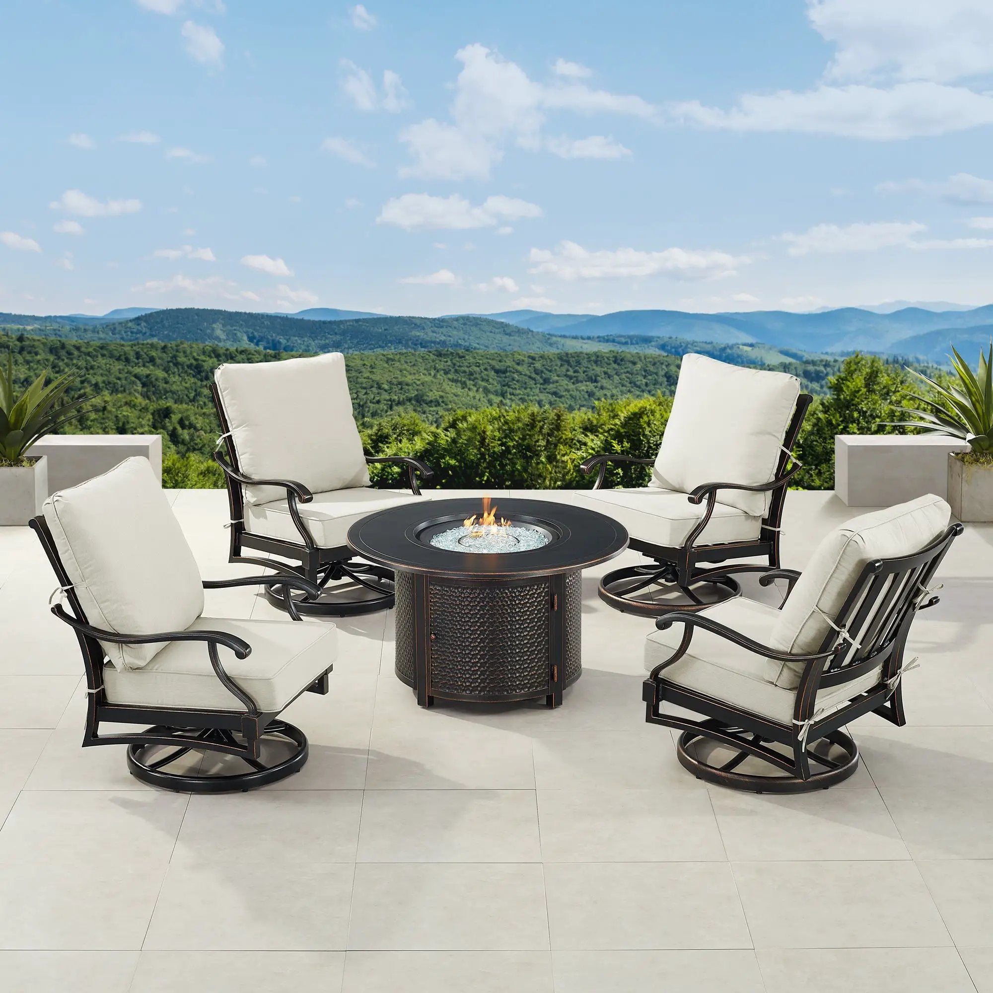 Black Aluminum Fire Table Set with Four Club Chairs by Sharicks