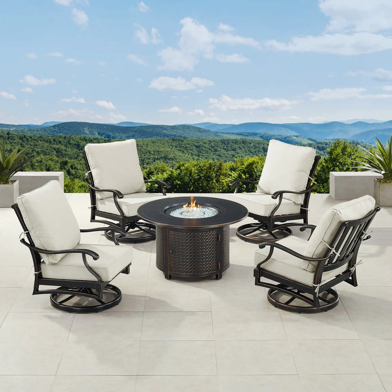 Black Aluminum Fire Table Set with Four Club Chairs by Sharicks