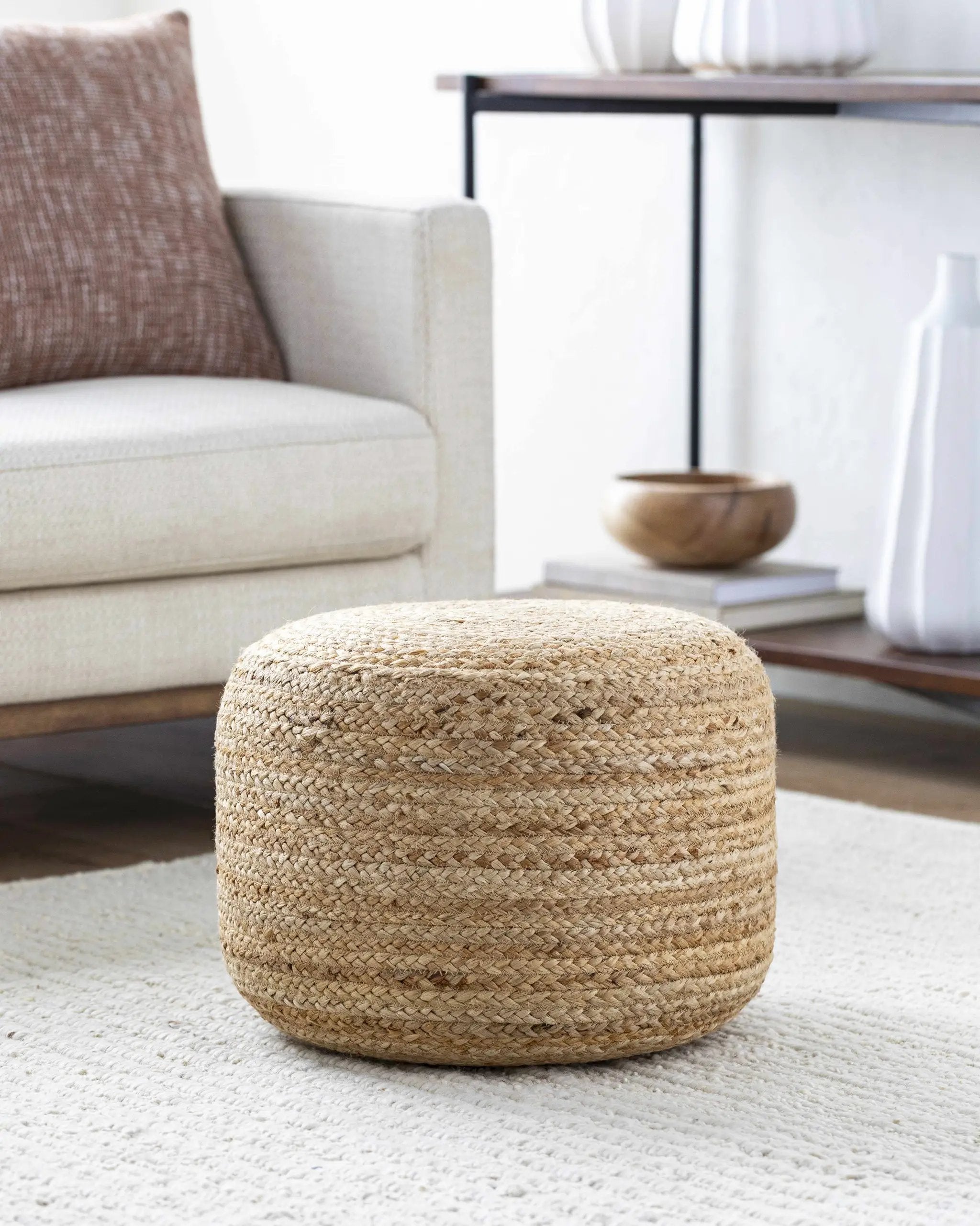 Lavertezzo Brick Red Knitted Beige Cotton Pouf by Boutique Rugs