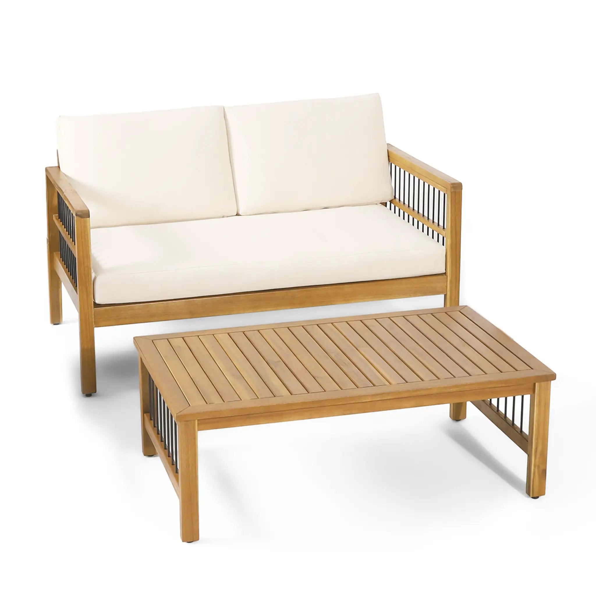 Outdoor Acacia Wood and Iron Loveseat and Coffee Table Set with Cushions, Teak by HouseOfZazla