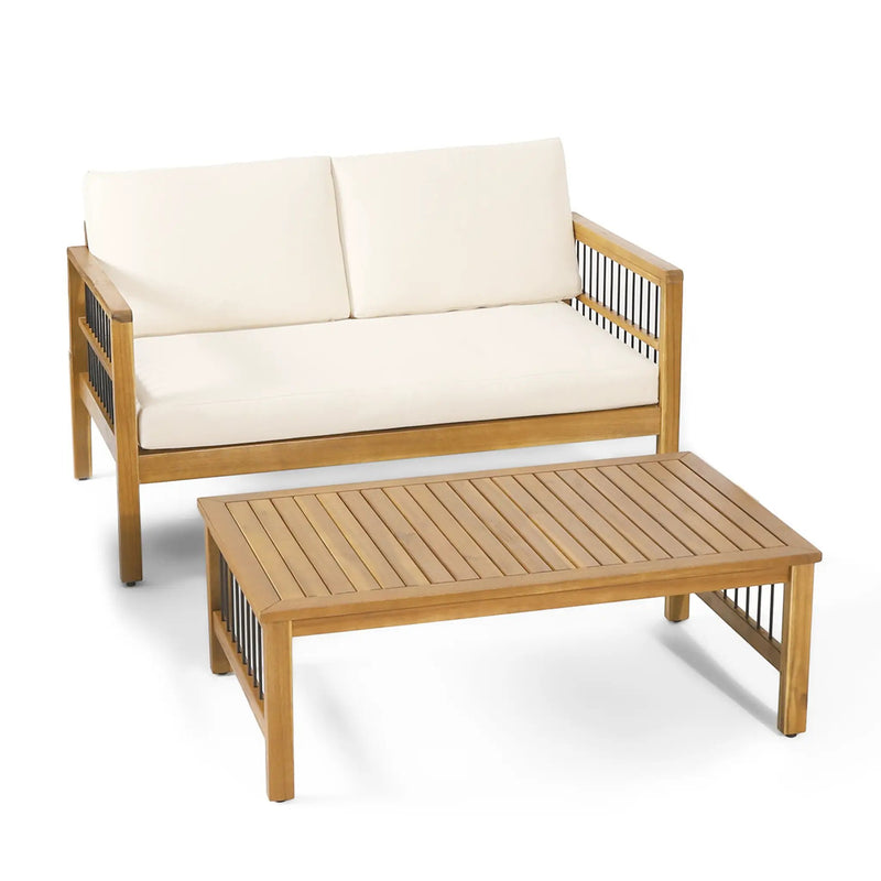 Outdoor Acacia Wood and Iron Loveseat and Coffee Table Set with Cushions, Teak by HouseOfZazla