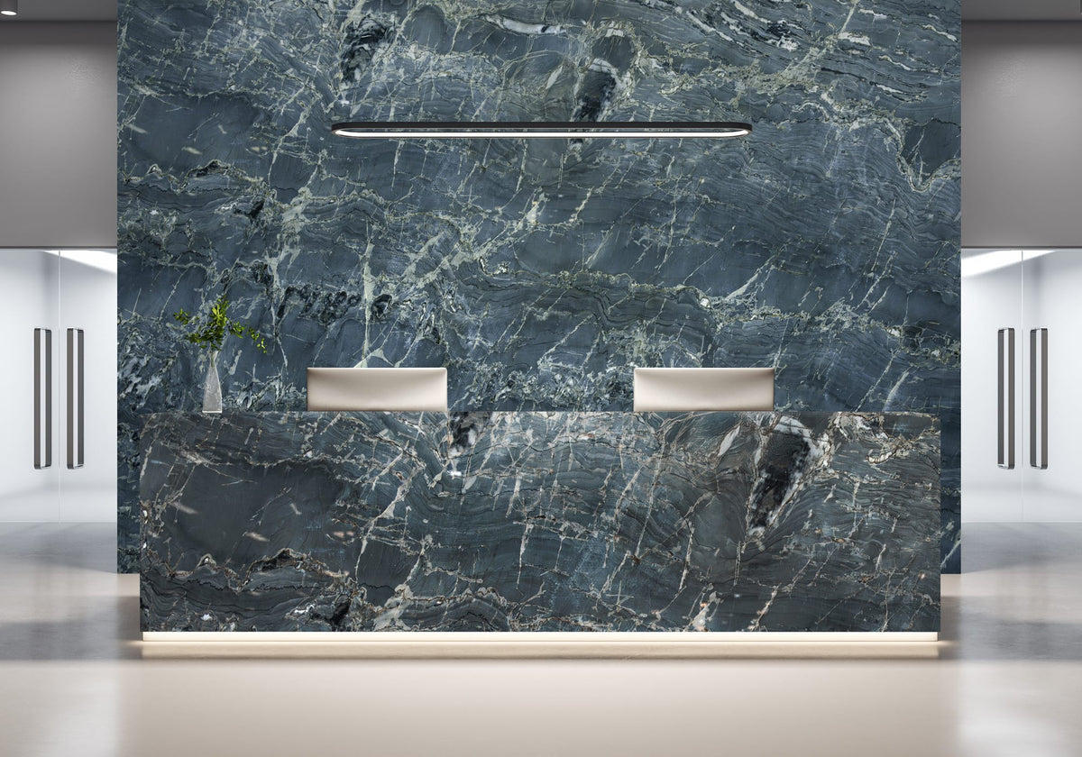 Leaden Sky Blue Polished Marble Slab Random room scene