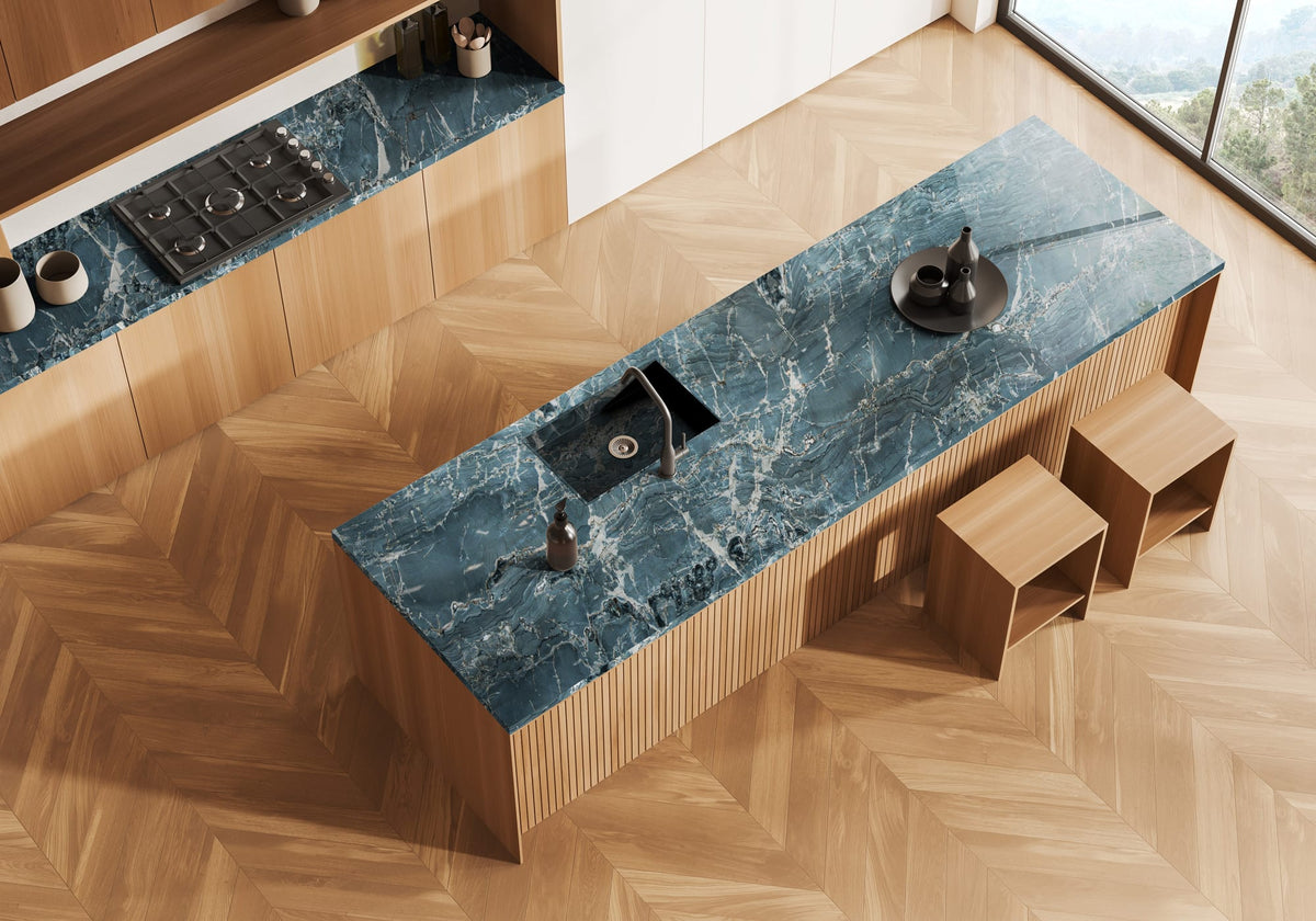 Leaden Sky Blue Polished Marble Slab Random room scene 2