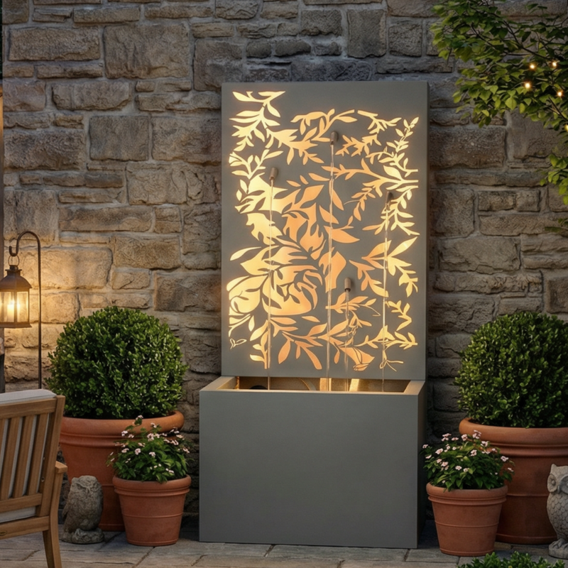 Metal Wall Fountain Outdoor Cut Leaf Panel Backlit, photo 2 of 8