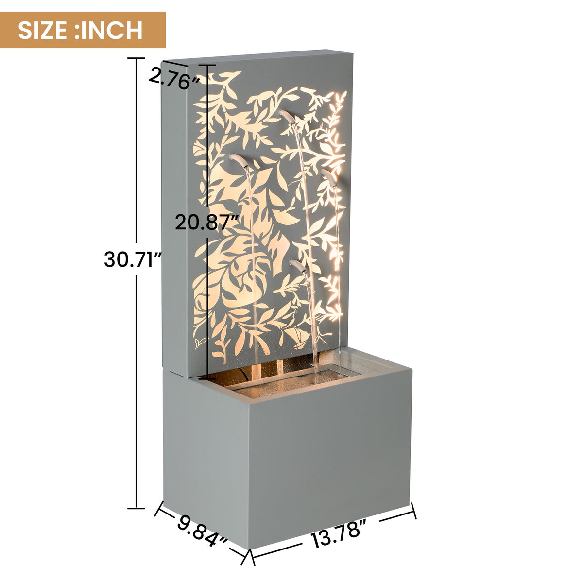 Metal Wall Fountain Outdoor Cut Leaf Panel Backlit, dimensions drawing