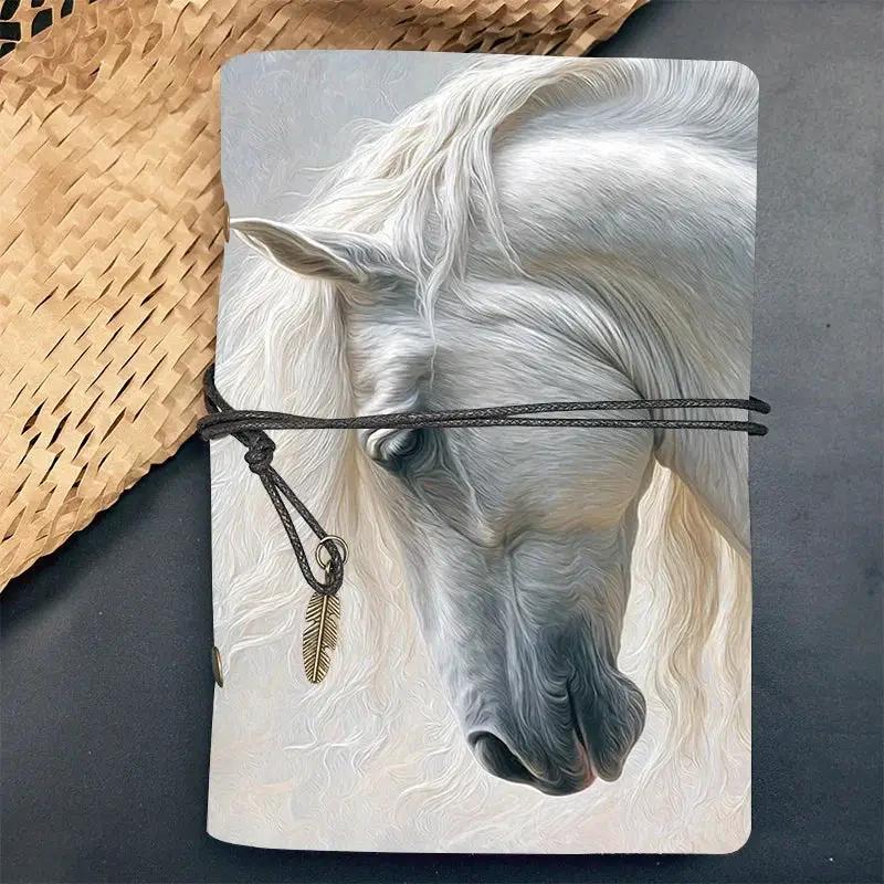 Leather Notebook 160 Pages 80 Sheets Home Gift for New Parent Suitable for Baby Log Milestones and Parenting Notes with White horse with flowing mane Pattern by House Of Avana