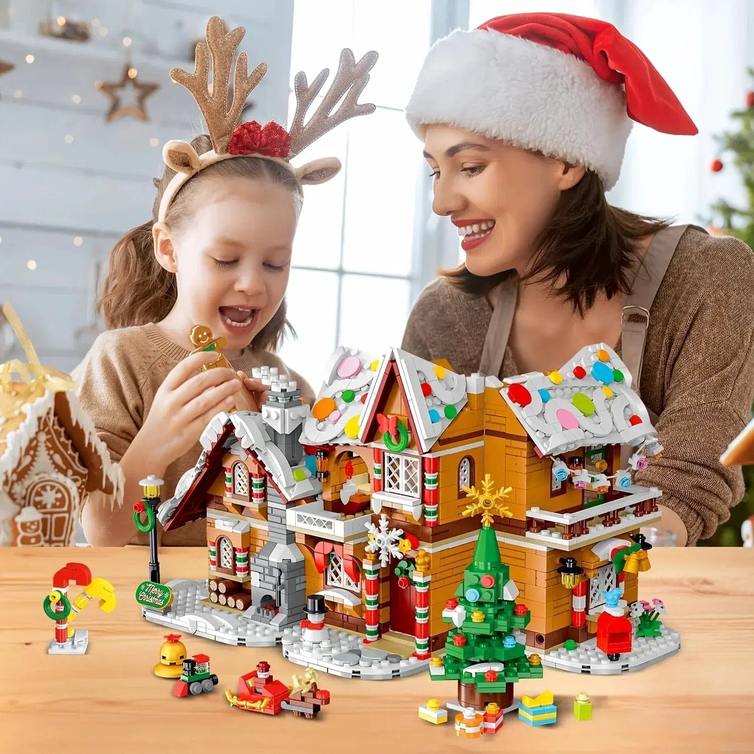 LED Christmas Village Building Blocks Set with Train & Santa by House Of Avana