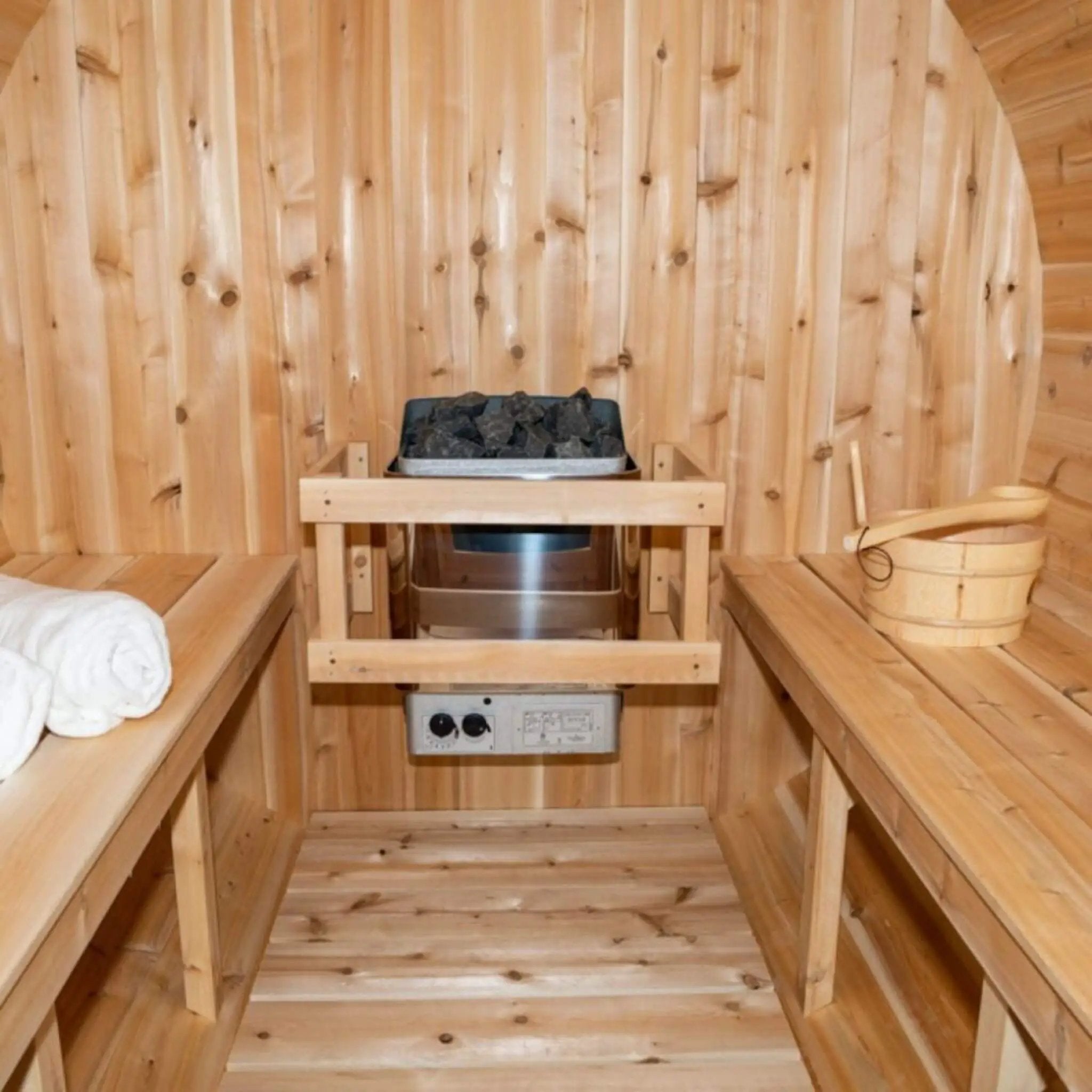 Dundalk Leisurecraft 84-Inch 4-Person Canadian Timber Harmony Barrel Sauna With Solid Wood Benches [CTC22W] (SAK96842) by SAKSBY WHOLESALE