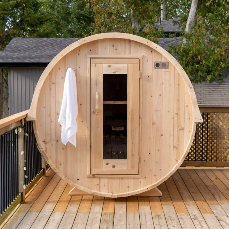 Dundalk Leisurecraft 84-Inch 4-Person Canadian Timber Harmony Barrel Sauna With Solid Wood Benches [CTC22W] (SAK96842) by SAKSBY WHOLESALE