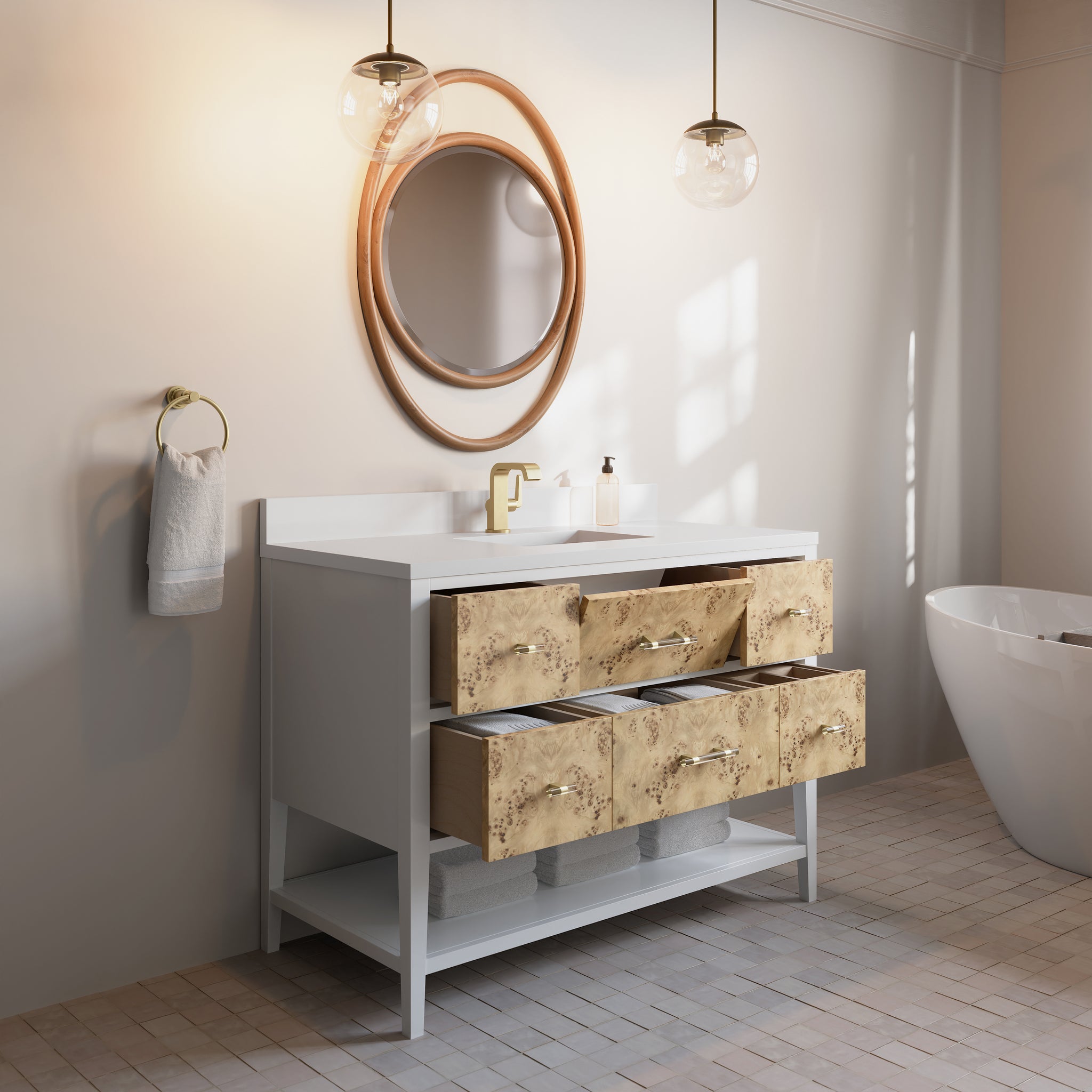 James Martin Olena 48" Single Bathroom Vanity, Polished White and Light Mappa Burl, view 24