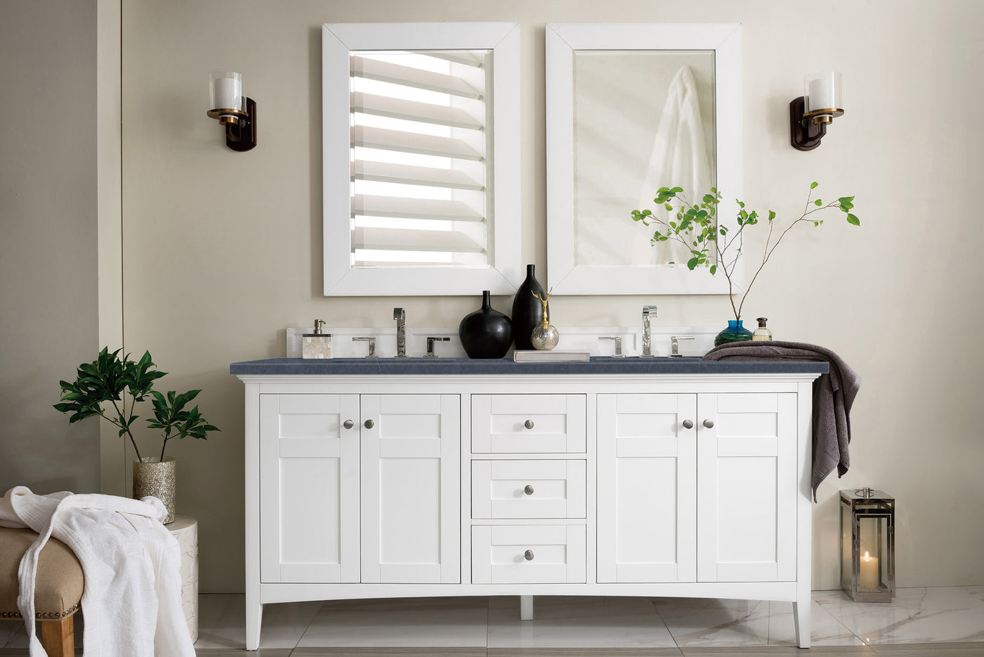 James Martin Palisades 72" Double Bathroom Vanity, Bright White with Charcoal Soapstone countertop