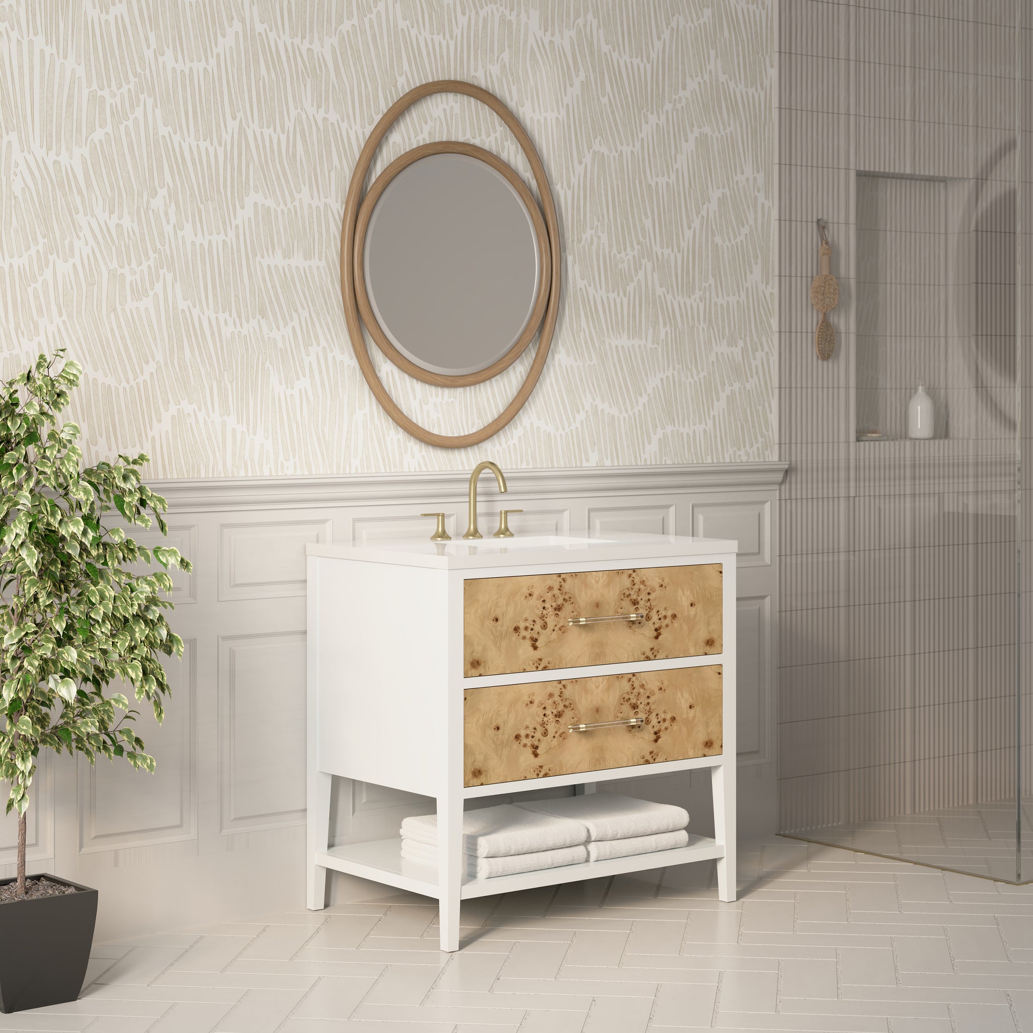 James Martin Olena 36" Single Bathroom Vanity, Polished White and Light Mappa Burl, view 18