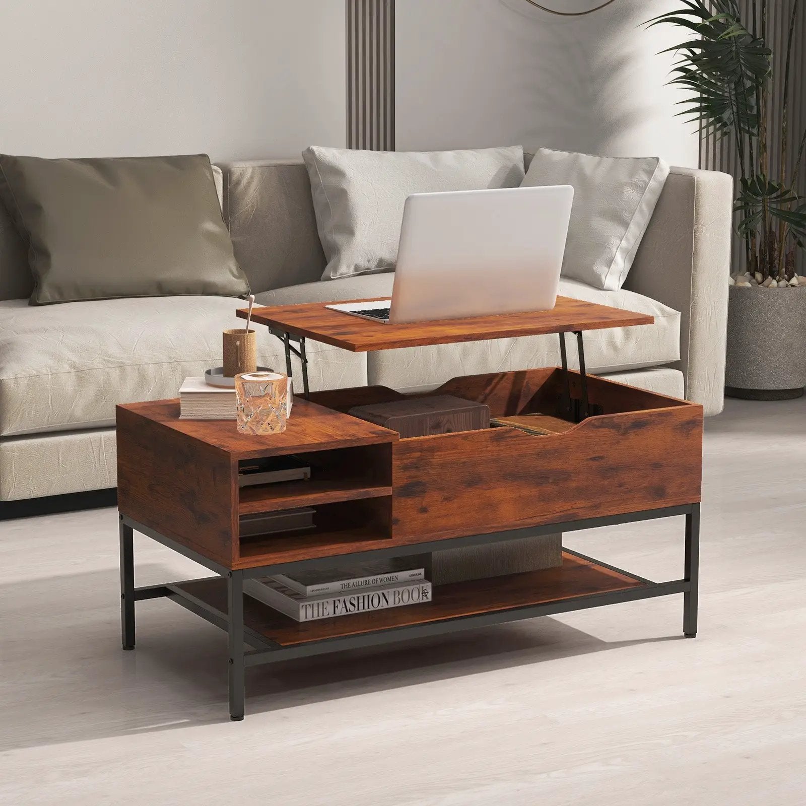 Lift Top Coffee Table with Hidden Compartment and Removable Storage Shelf-Rustic Brown by DirectDeals