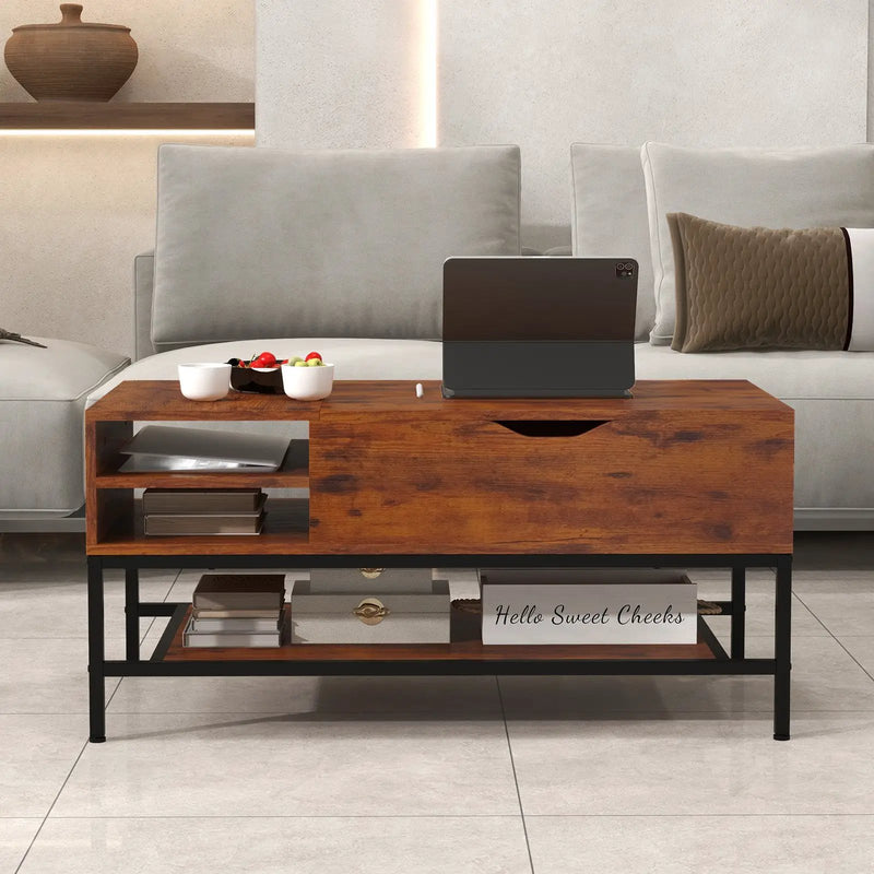 Lift Top Coffee Table with Hidden Compartment and Removable Storage Shelf-Rustic Brown by DirectDeals