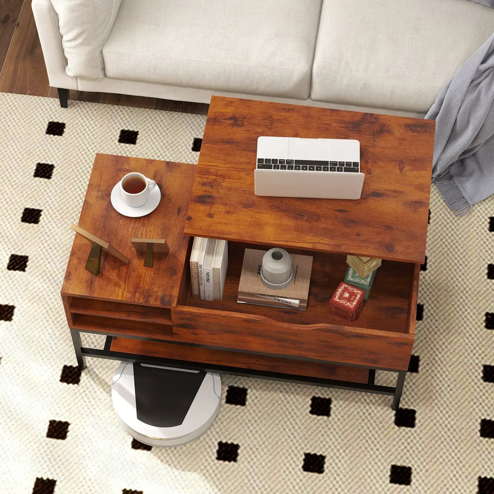Lift Top Coffee Table with Hidden Compartment and Removable Storage Shelf-Rustic Brown by DirectDeals